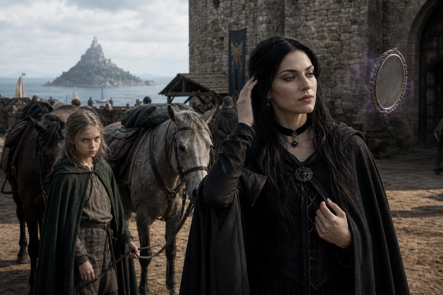 Yennefer poprawia fryzurę w lewitującym lusterku przed bramą Gors Velen.
