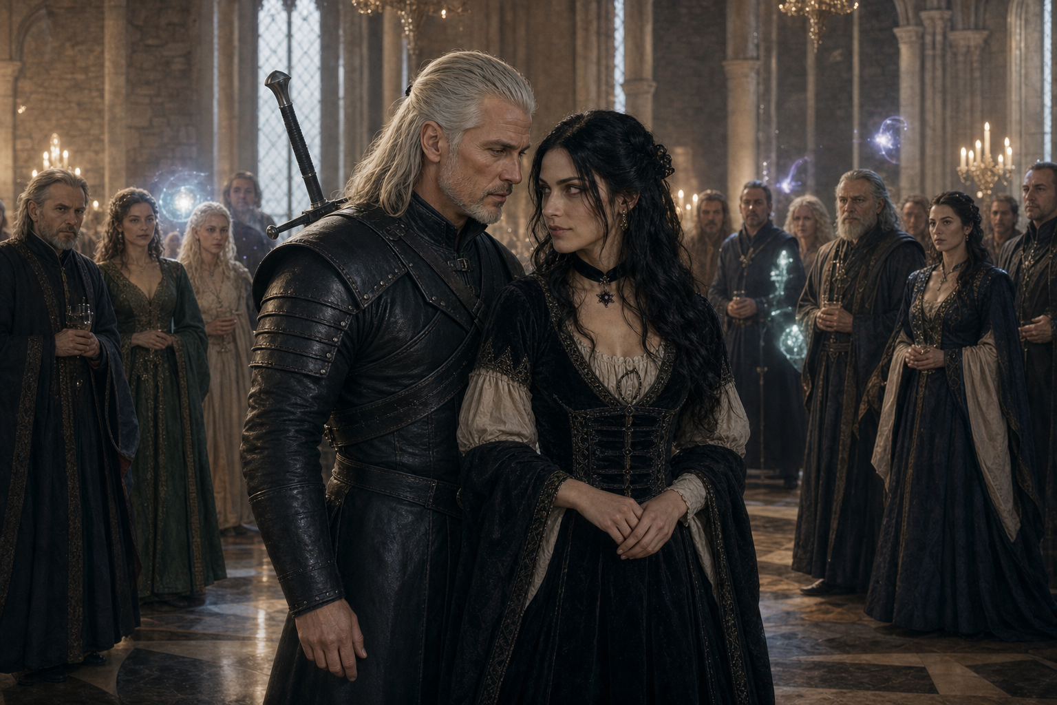Geralt i Yennefer stoją razem pośrodku sali pełnej czarodziejów.