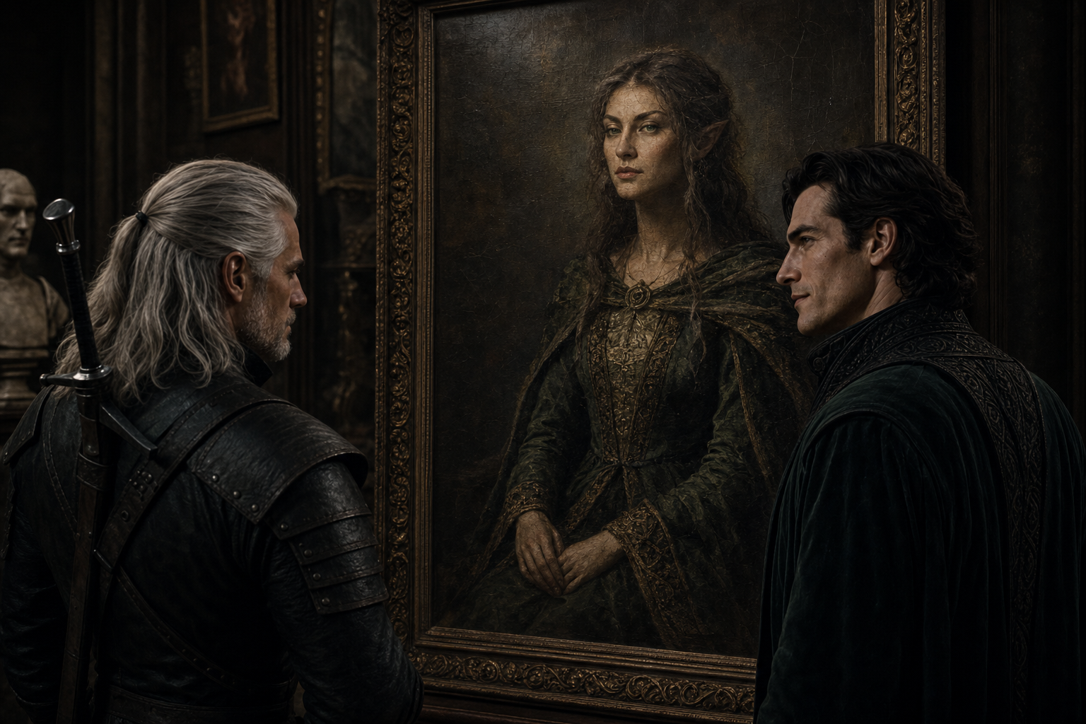Geralt i Vilgefortz oglądają portret Lary Dorren w Galerii Chwały.