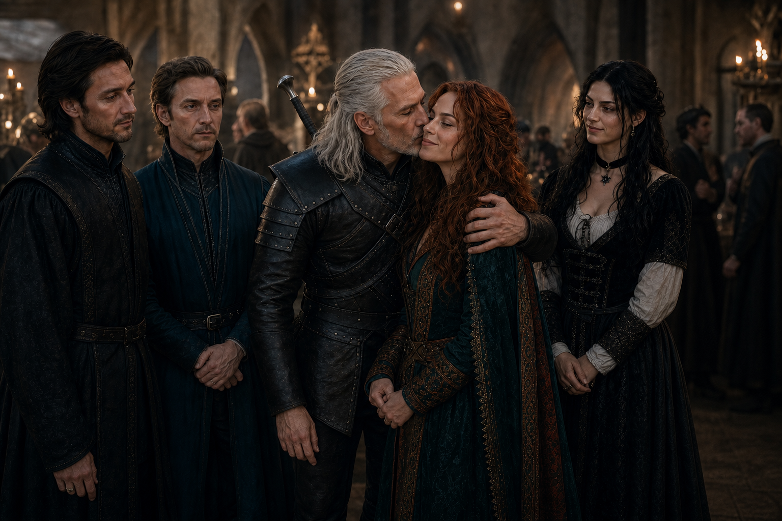 Geralt wita Triss uściskiem podczas bankietu na Thanedd.
