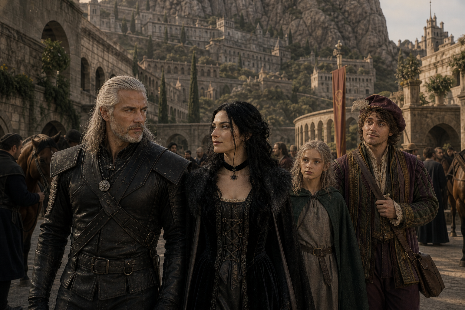 Geralt, Yennefer, Ciri i Jaskier przybywają do pałacu Loxia na Thanedd.