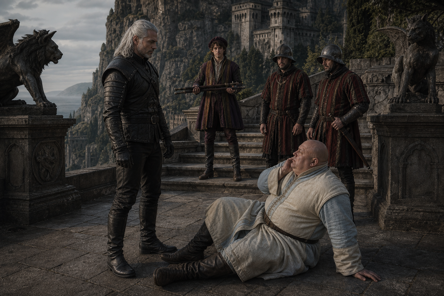 Geralt powala Dijkstrę na tarasie z kamiennymi chimerami.
