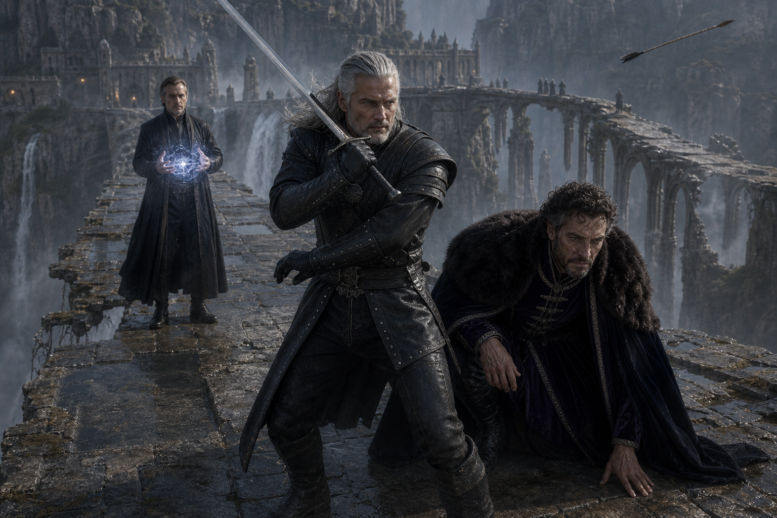 Geralt osłania rannego Dorregaraya na rozpadającym się moście nad przepaścią.