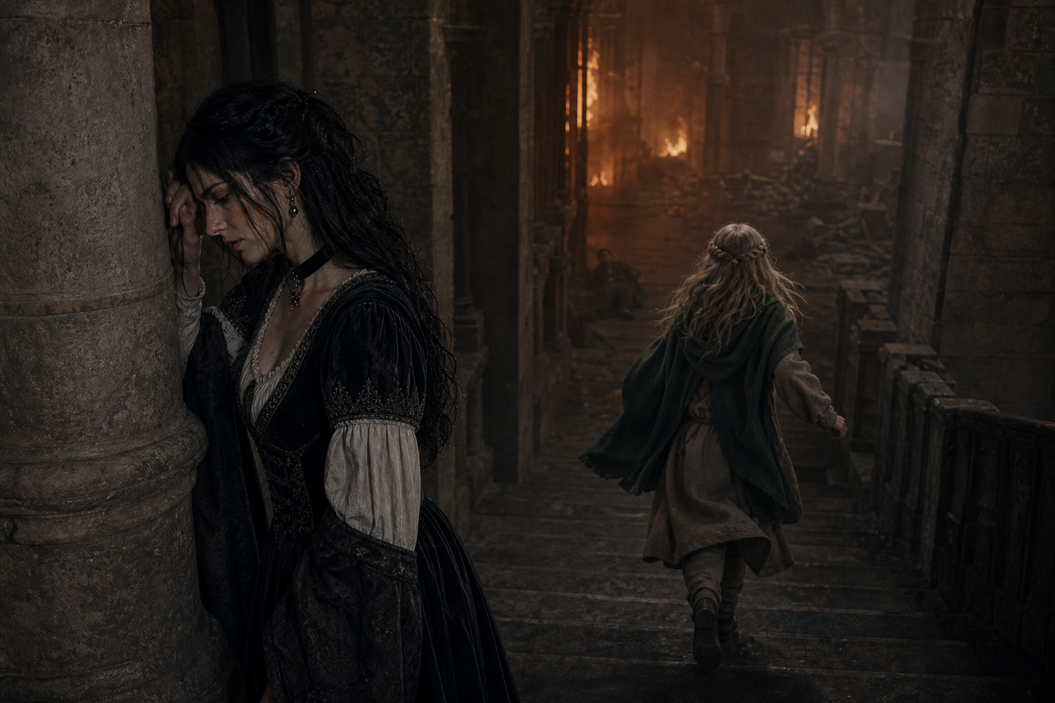 Yennefer żegna Ciri na schodach płonącego Garstangu.