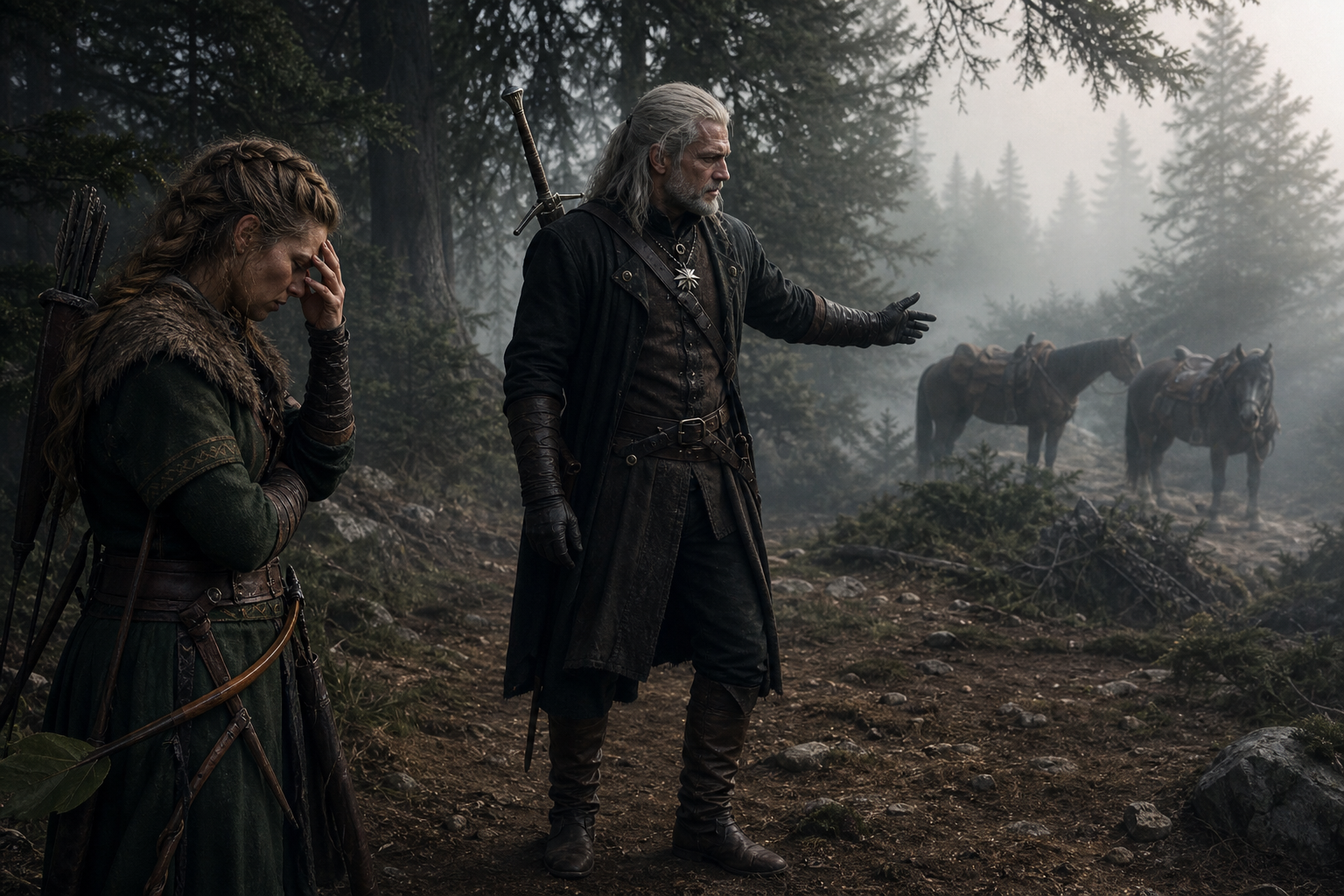 Geralt słucha wieści Milvy na cedrowej polanie i spogląda ku koniom.