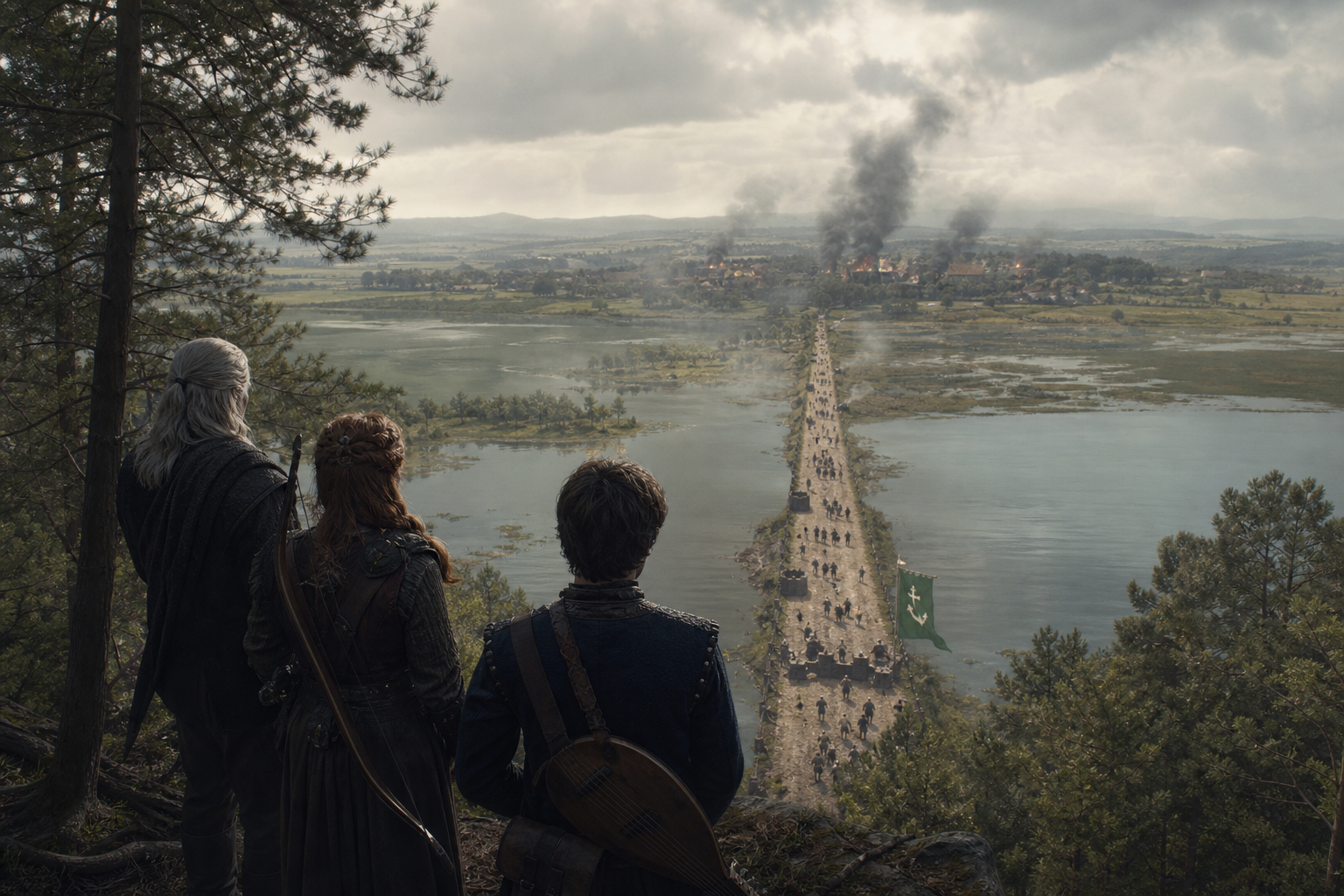 Geralt, Milva i Jaskier obserwują z urwiska bitwę o wieś na grobli.