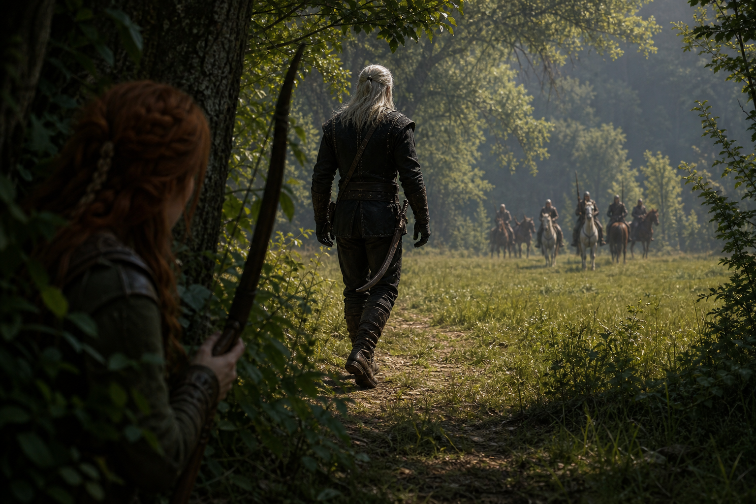 Geralt idzie przez polanę ku maruderom, osłaniany z ukrycia przez Milvę.