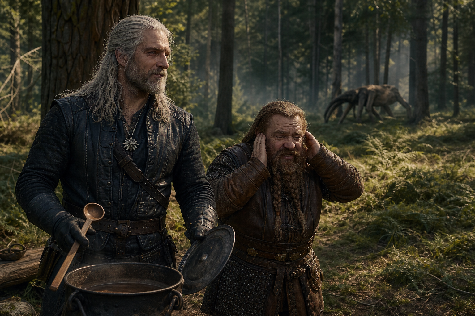 Geralt stoi z chochlą i pokrywką, gdy okogłów oddala się w las.