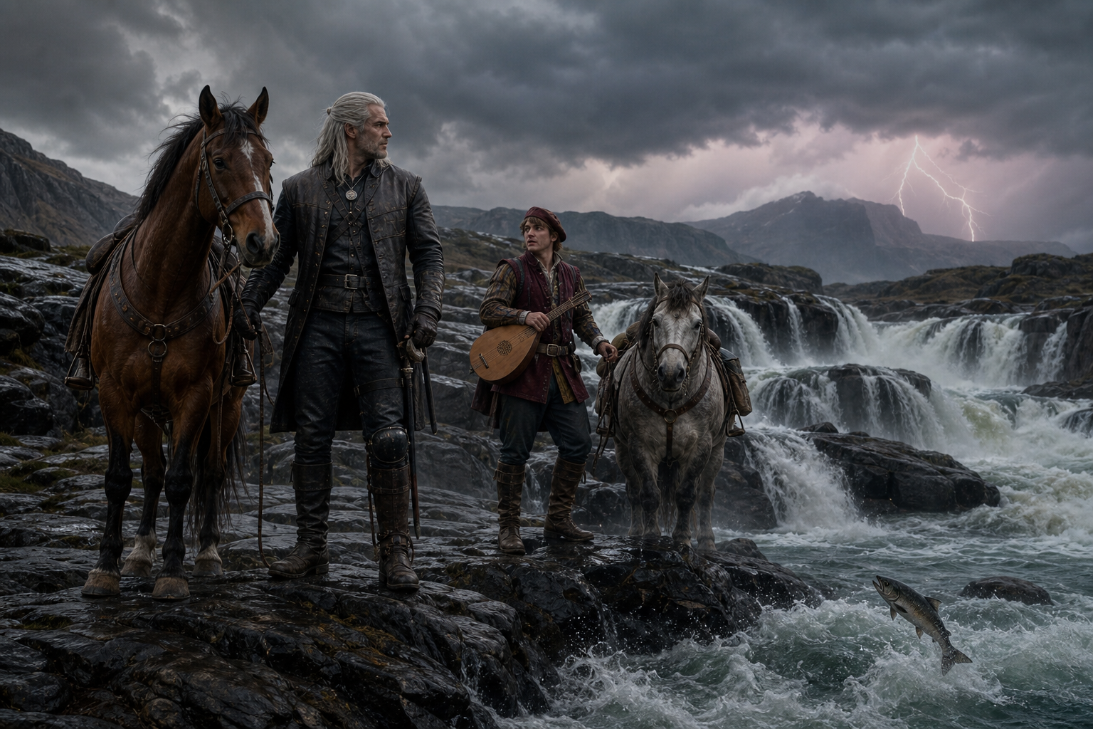 Geralt i Jaskier zatrzymują konie nad kaskadą Ceann Treise przed burzą.