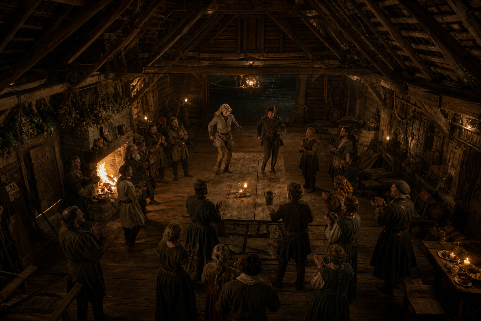 Ciri i Iskra tańczą w butach na stole podczas nocnej zabawy w szopie.