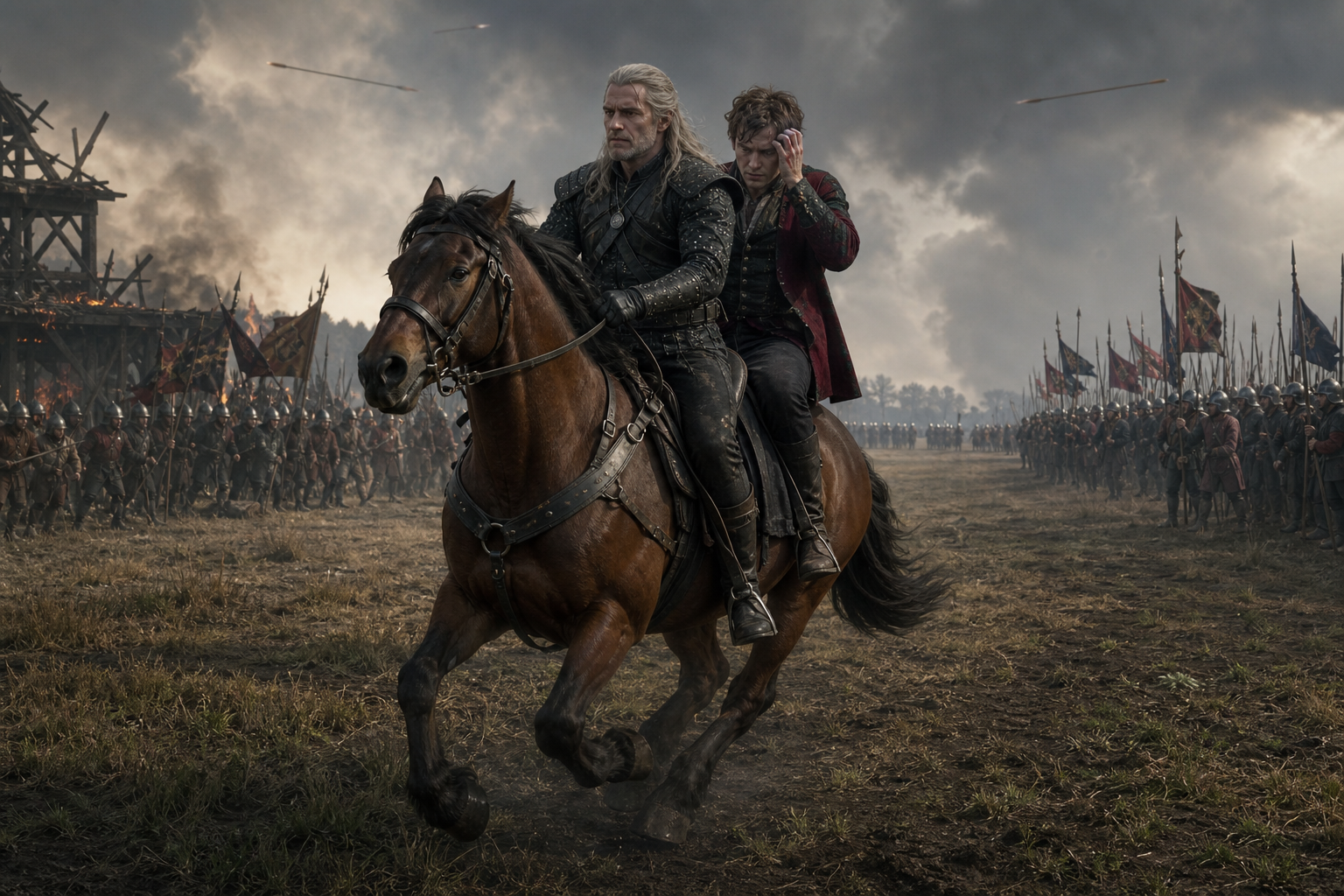 Geralt i ranny Jaskier uciekają konno między dwiema nacierającymi armiami.