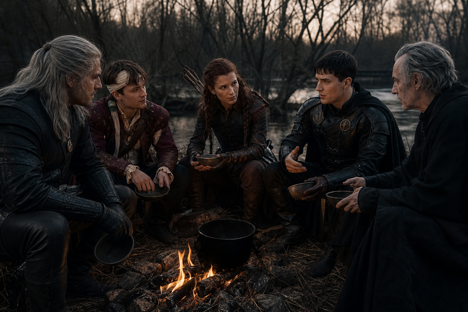 Geralt, Jaskier, Milva, Cahir i Regis siedzą przy pustym kociołku po zupie rybnej.