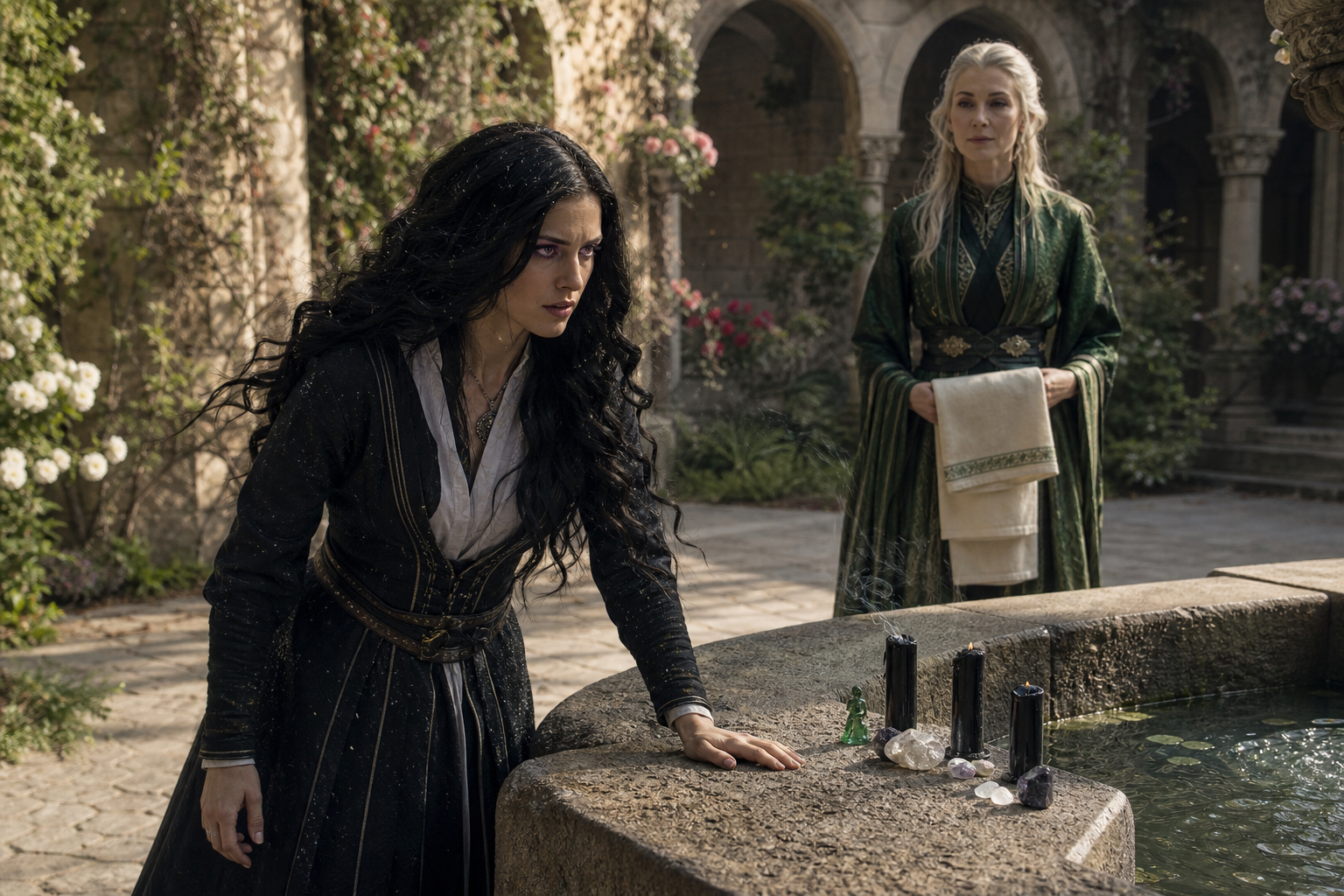 Francesca przywraca Yennefer z nefrytowej figurki na dziedzińcu Doliny Kwiatów.
