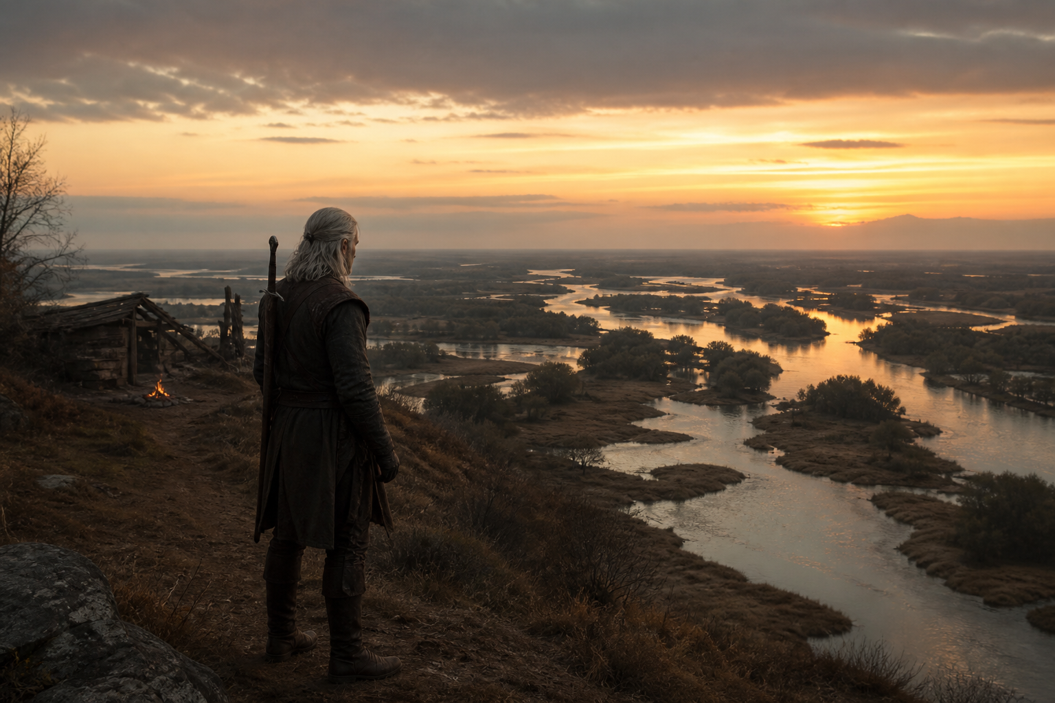 Geralt patrzy ze skarpy na rozlewiska Jarugi o zachodzie słońca.