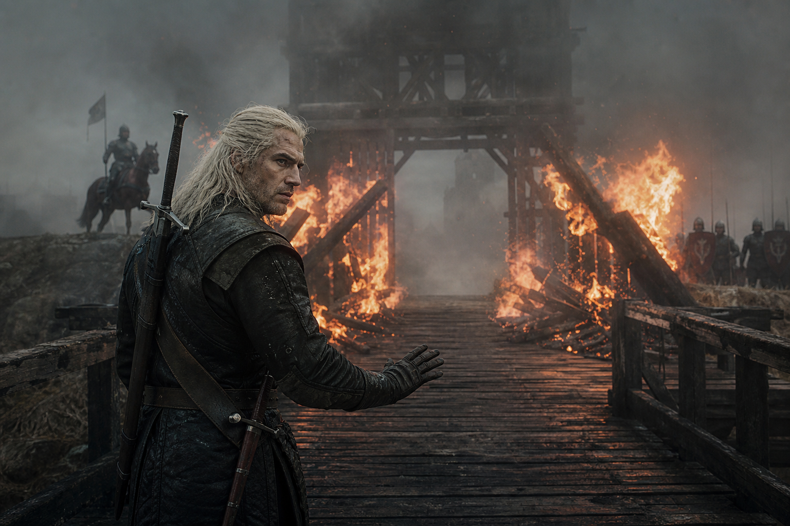 Geralt przechodzi przez rozbitą Znakiem Aard płonącą barykadę na moście.