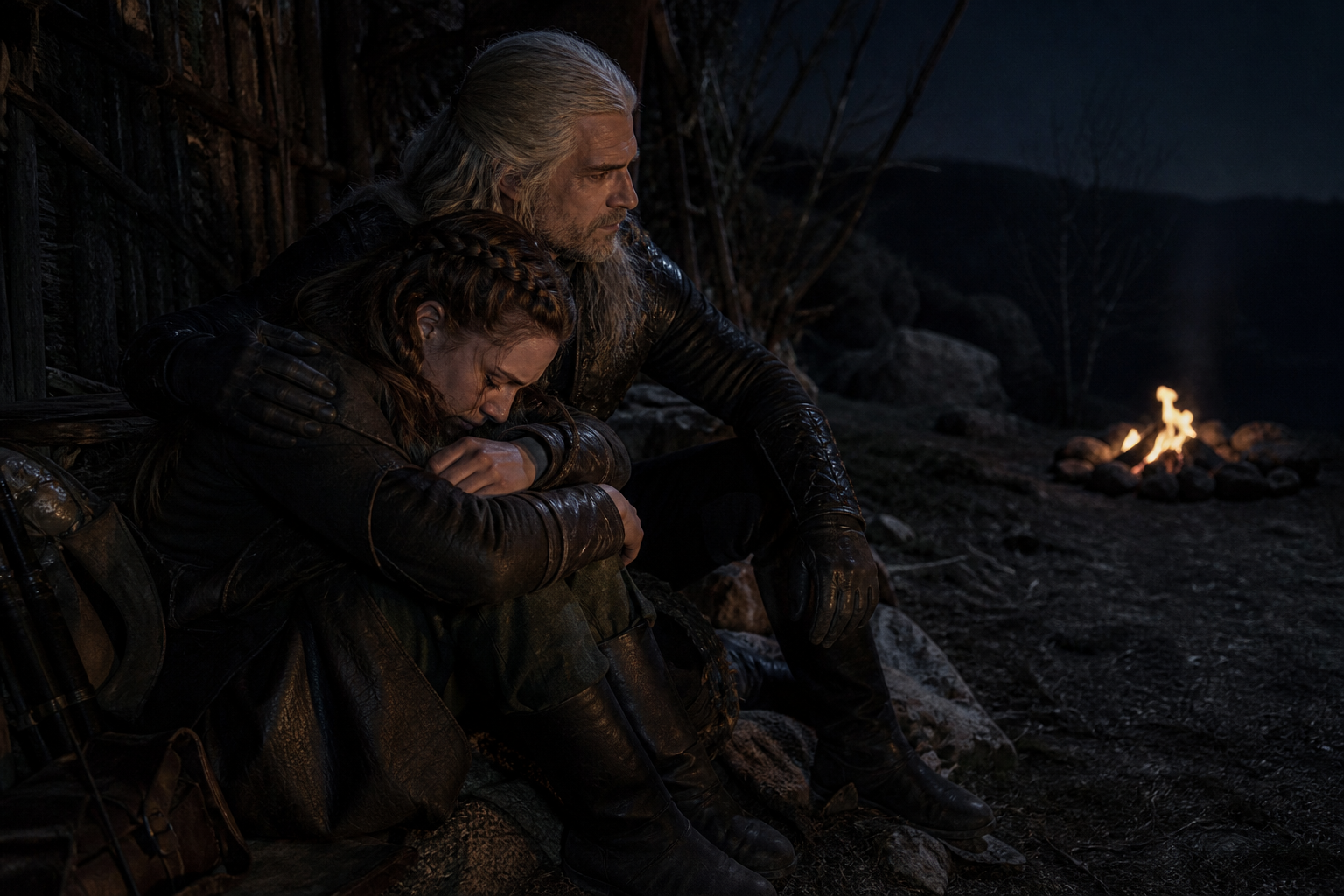 Geralt obejmuje drżącą Milvę podczas rozmowy przy małym ognisku.