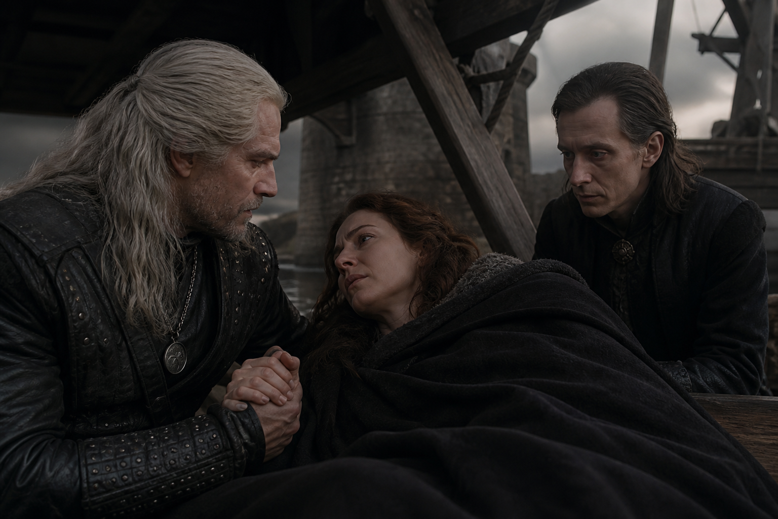 Regis ratuje osłoniętą płaszczem Milvę na promie pod mostem, a Geralt jest przy niej.