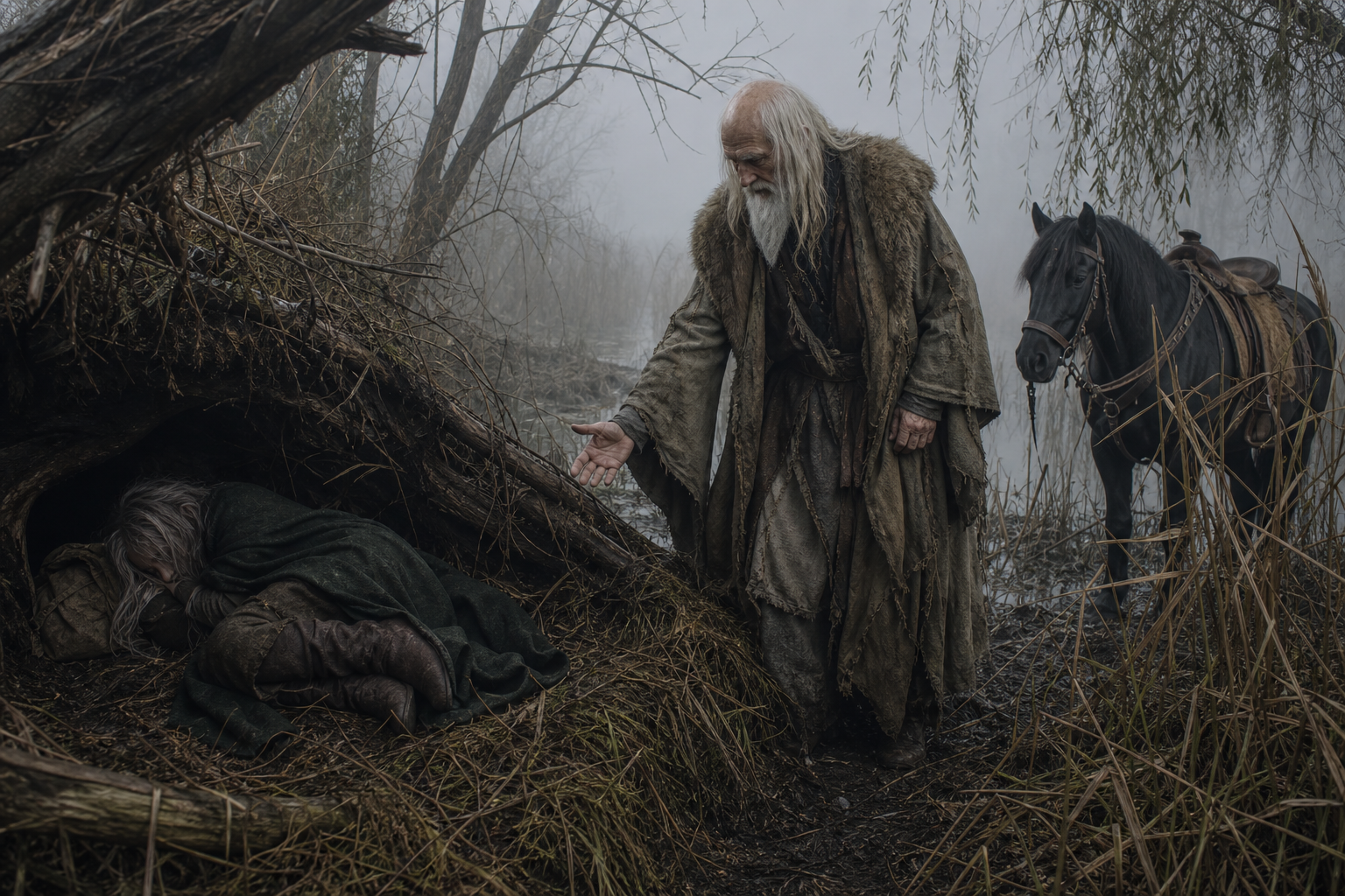 Vysogota odnajduje nieprzytomną Ciri w wykrocie na mglistej kępie Pereplutu.