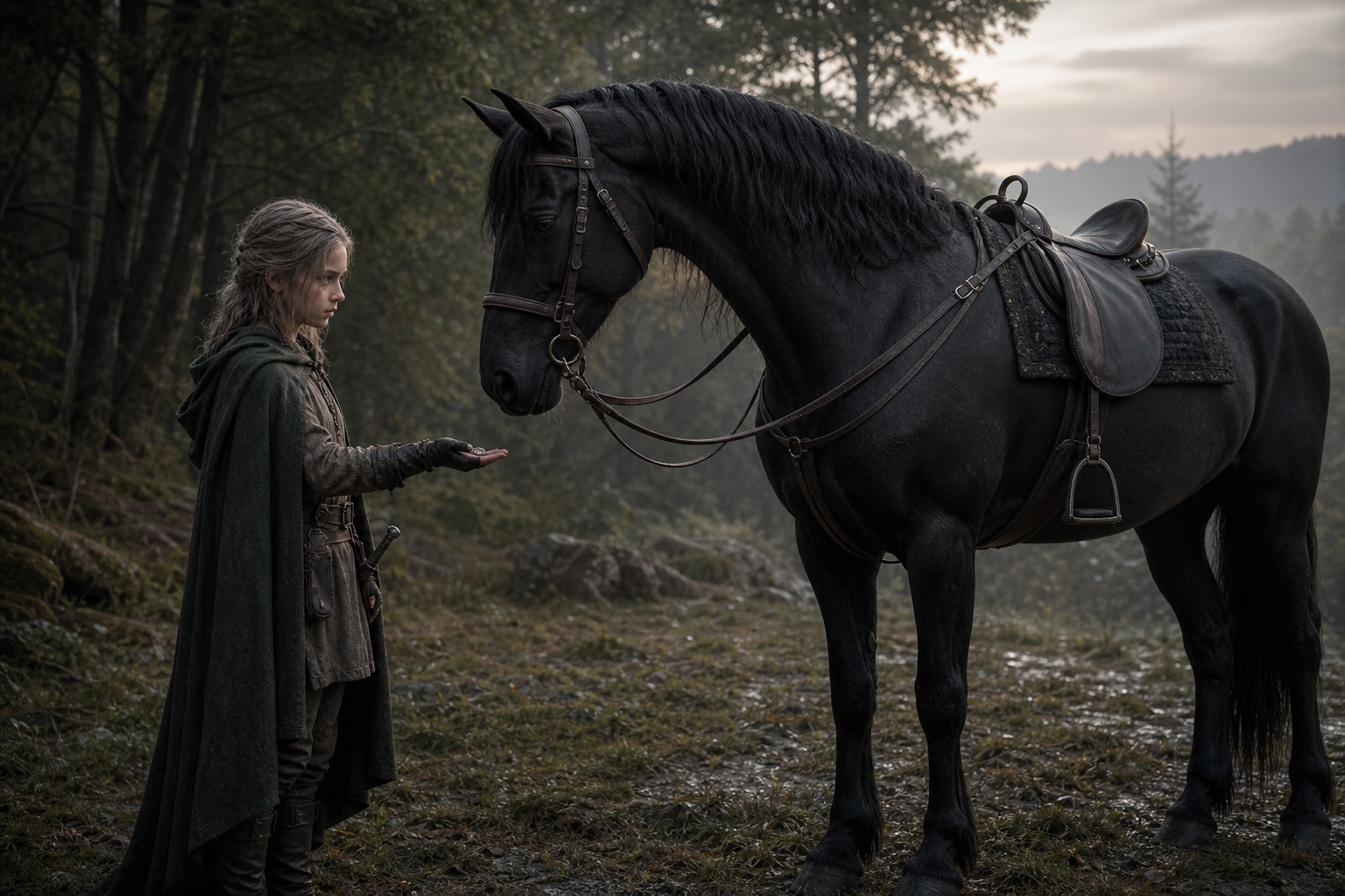 Ciri wyciąga bransoletę ku karej klaczy, którą nazywa Kelpie.