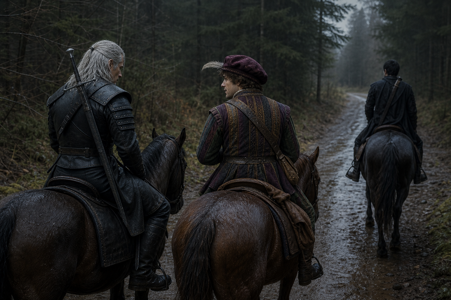 Geralt i Jaskier rozmawiają konno o Cahirze na leśnej drodze Zarzecza.