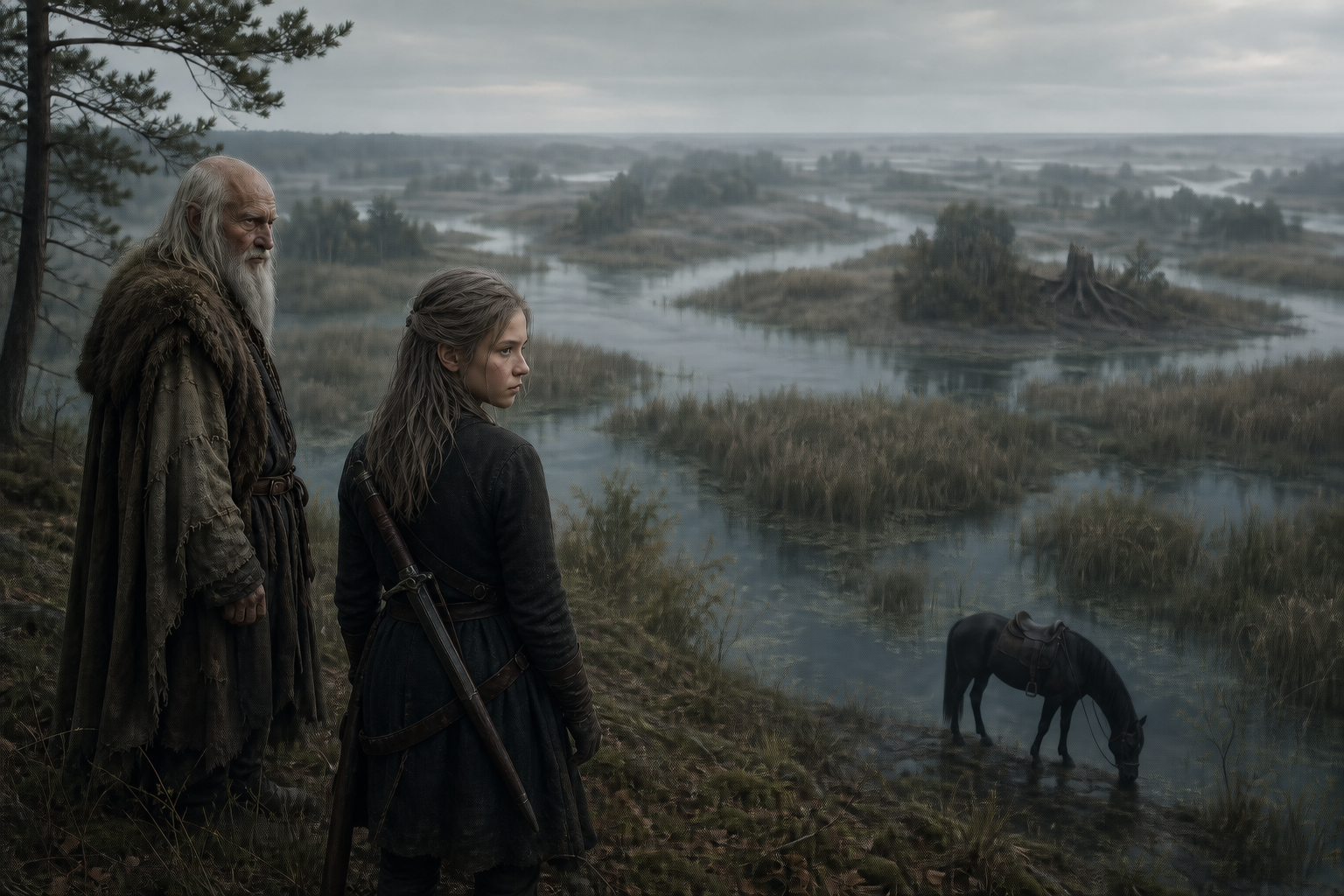 Ciri i Vysogota stoją nad bagnami, gdy Kelpie pije z rozlewiska.