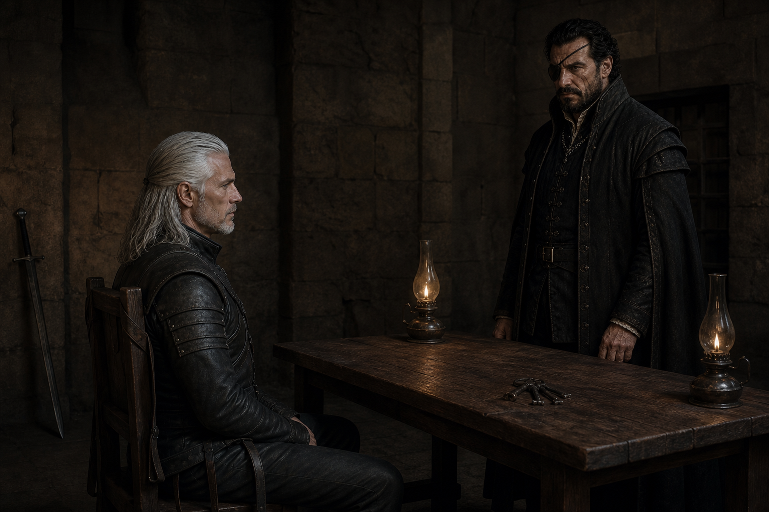 Geralt siedzi na krześle przesłuchań naprzeciw jednookiego prefekta Fulka.