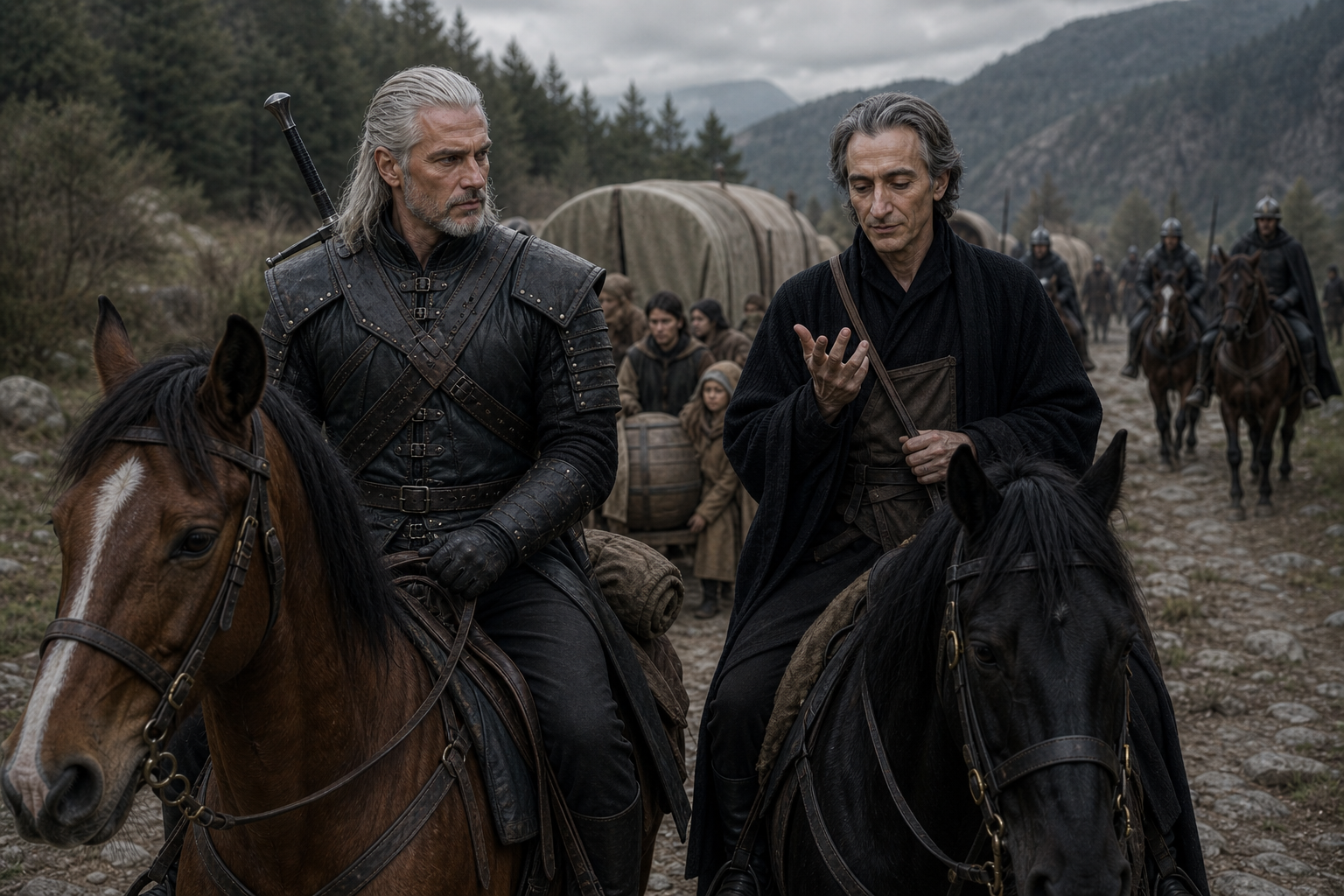 Geralt opowiada Regisowi o przesłuchaniu podczas jazdy wzdłuż kolumny osadników.