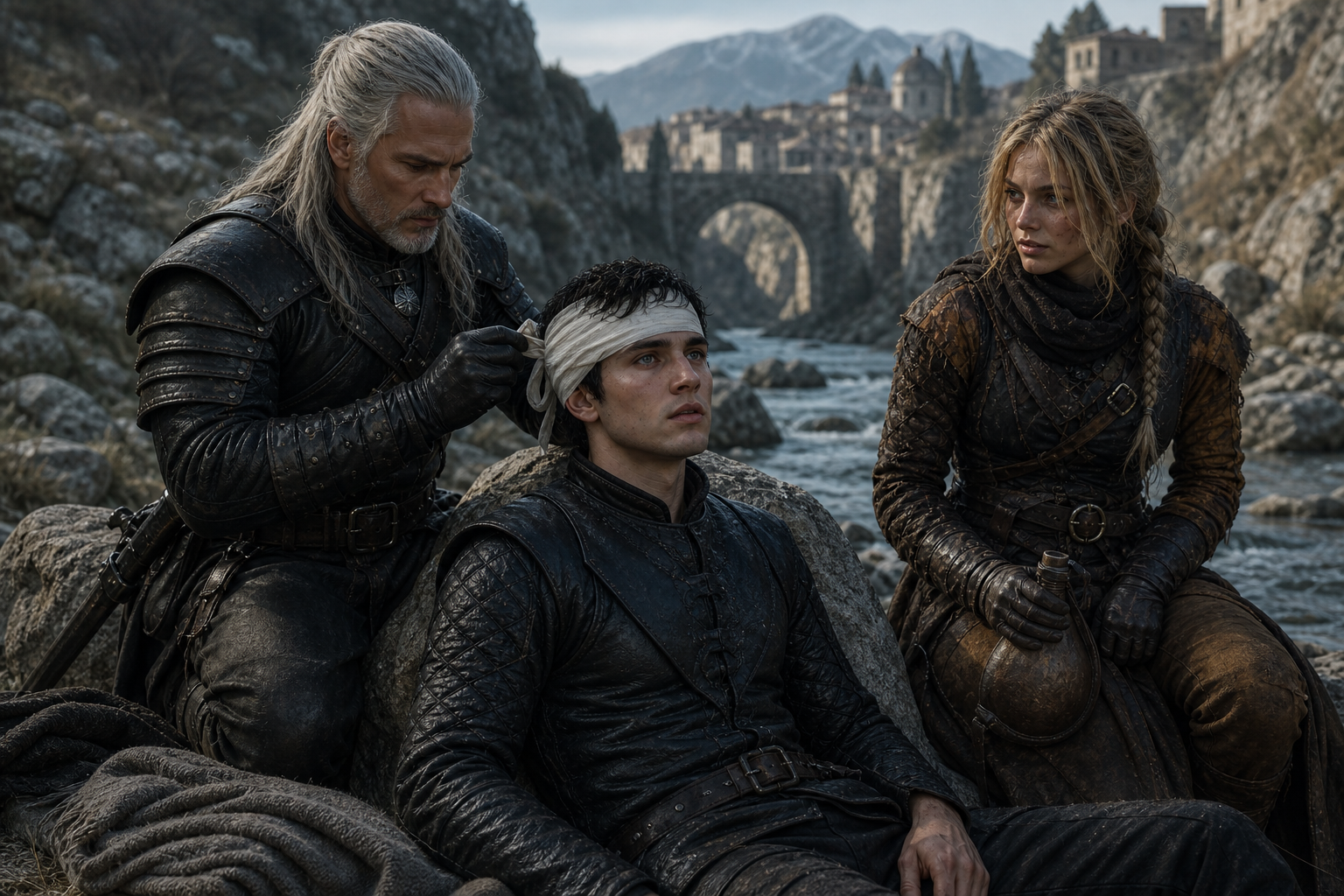 Geralt kończy bandażować głowę rannego Cahira przy górskim strumieniu.