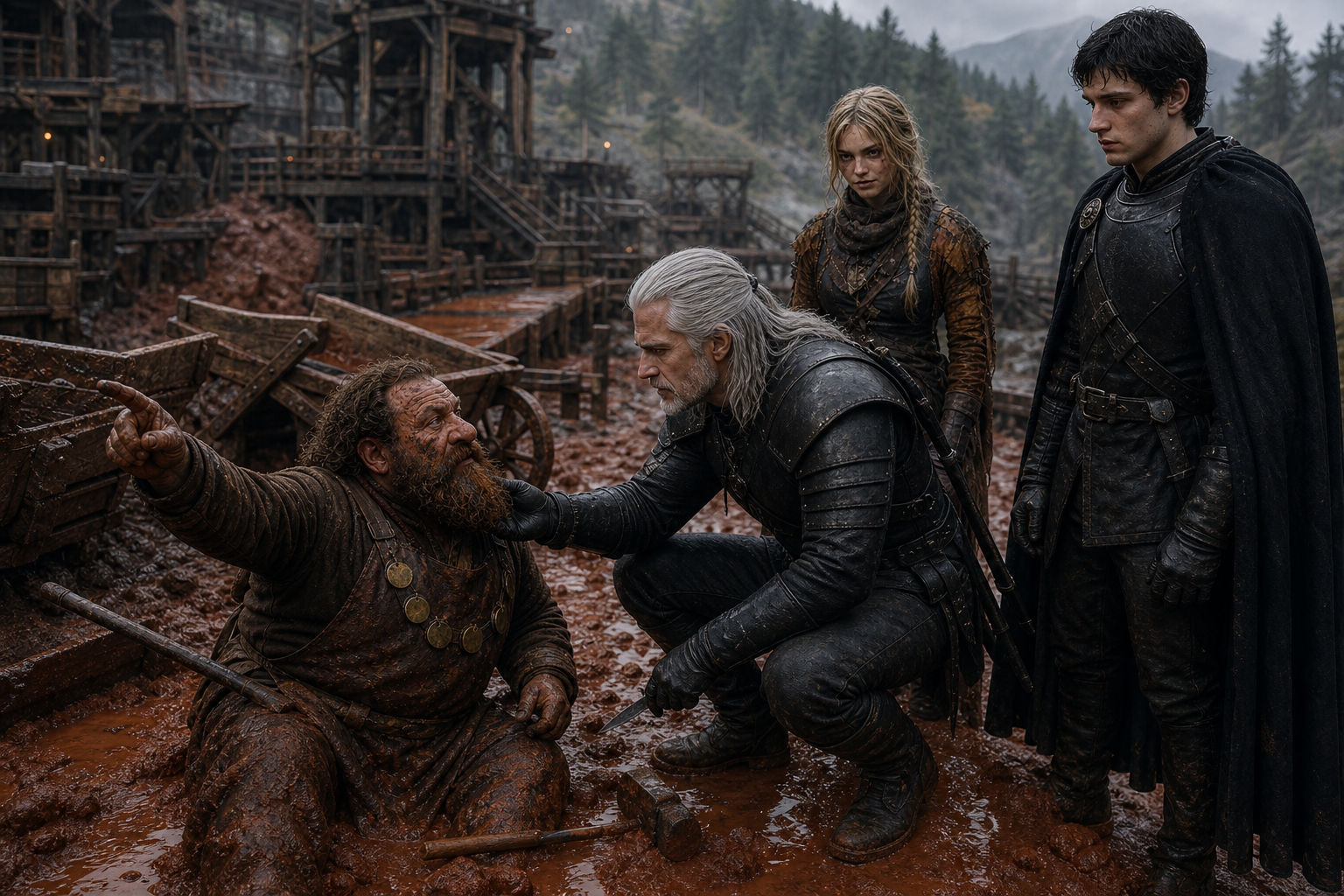 Golan siedzi w czerwonym błocie i wskazuje drogę, gdy Geralt żąda adresu półelfa.