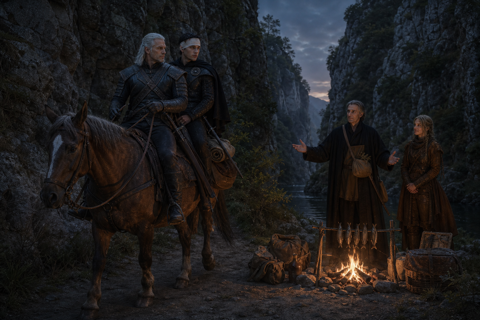 Geralt i ranny Cahir docierają na jednym koniu do ogniska Regisa i Angoulême.