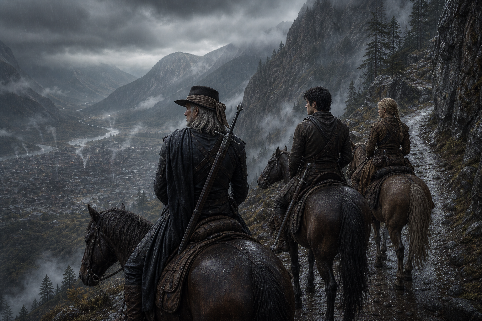 Geralt, Cahir i Angoulême jadą w deszczu wąską górską drogą nad doliną Newi.