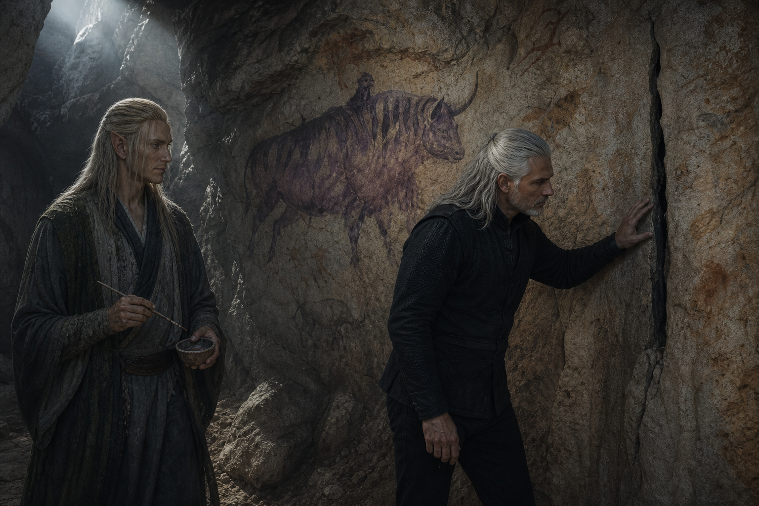 Avallac'h maluje fioletowego bizona, gdy Geralt odkrywa szczelinę w skalnej ścianie.