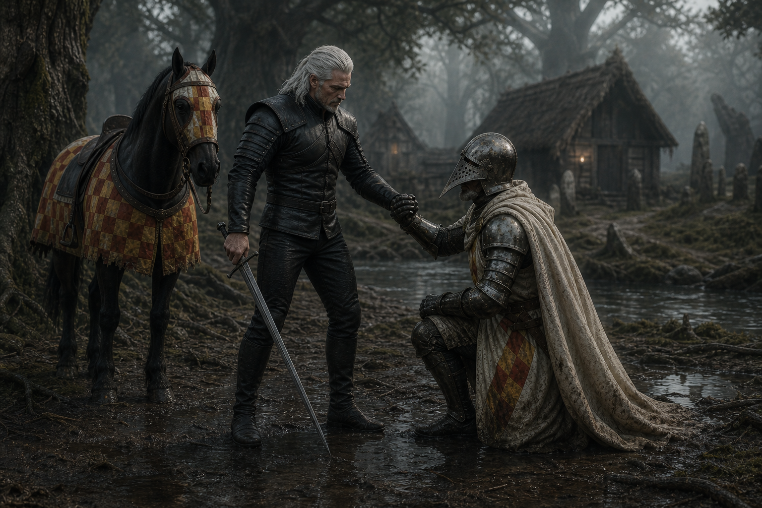 Geralt pomaga wstać Rycerzowi Szachownicy po walce w mgle Caed Myrkvid.