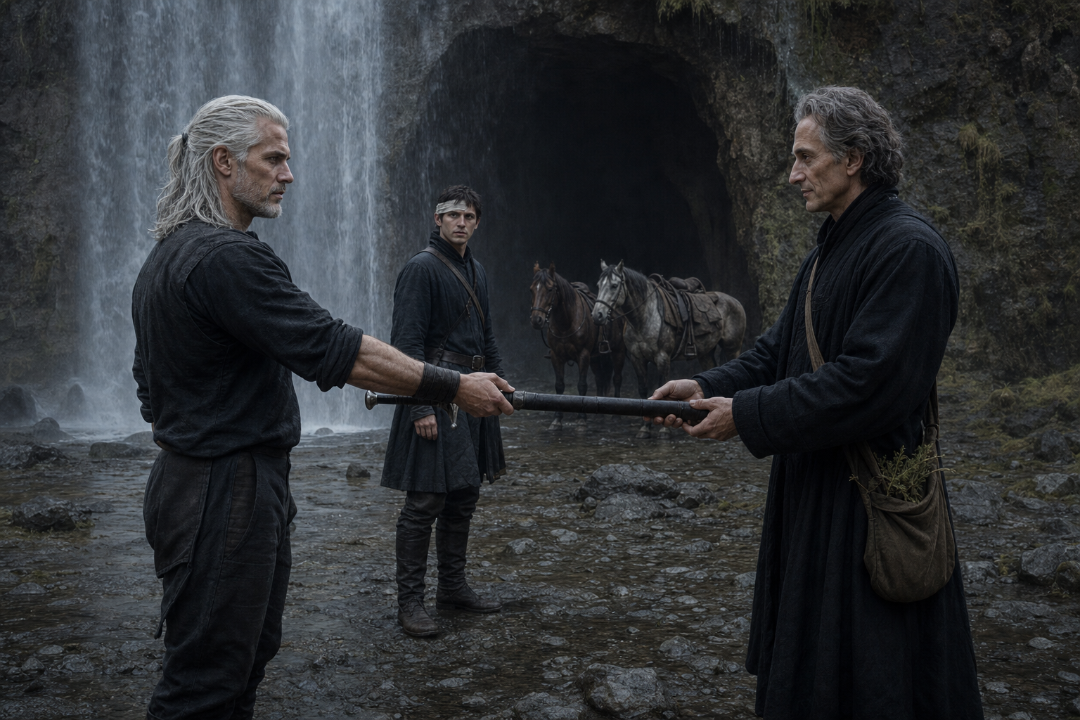 Geralt oddaje miecz Regisowi przed czarnym wejściem do jaskini za wodospadem.
