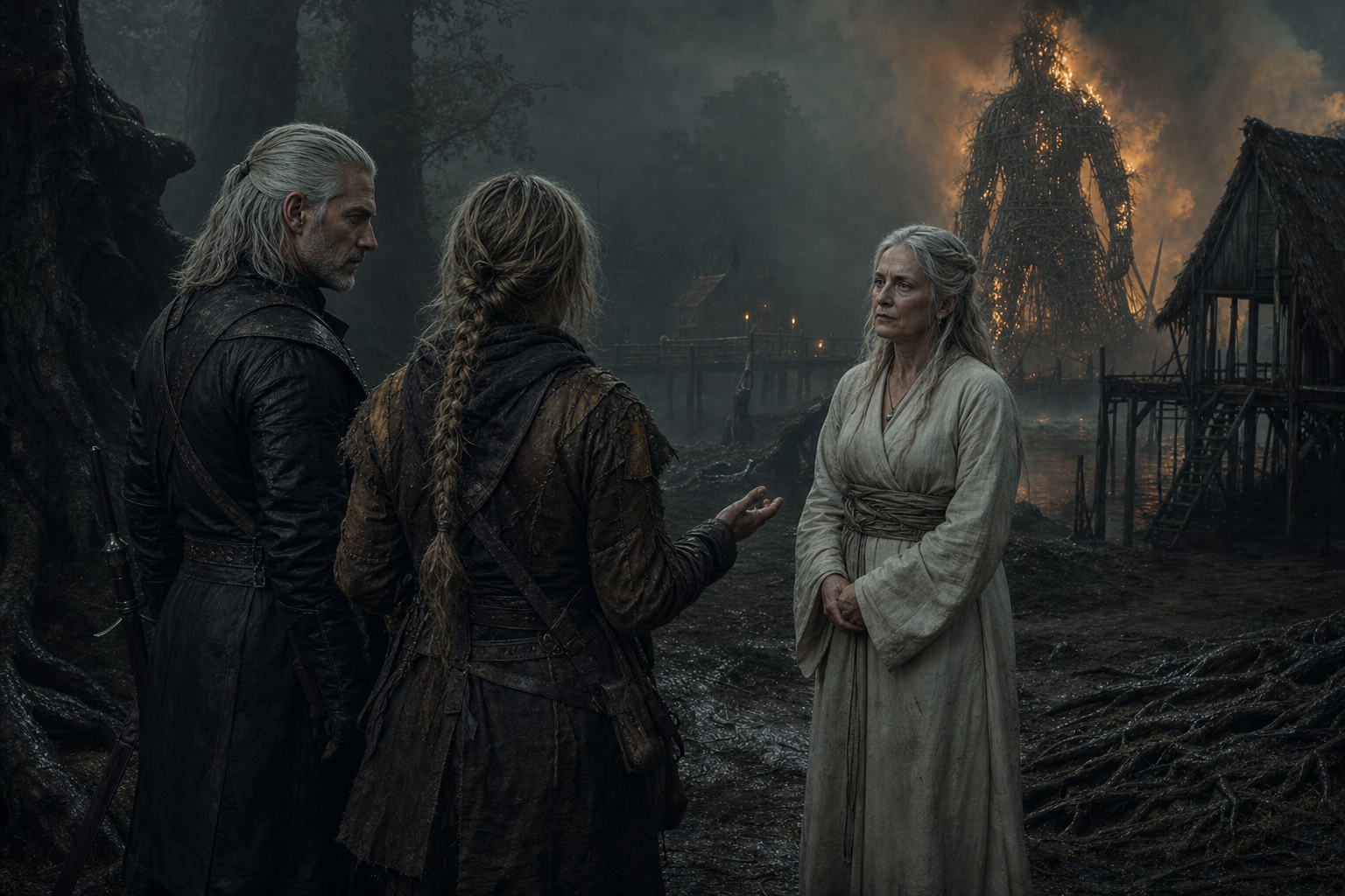 Geralt i Angoulême stoją przed flaminiką, gdy w oddali płonie Wiklinowa Baba.
