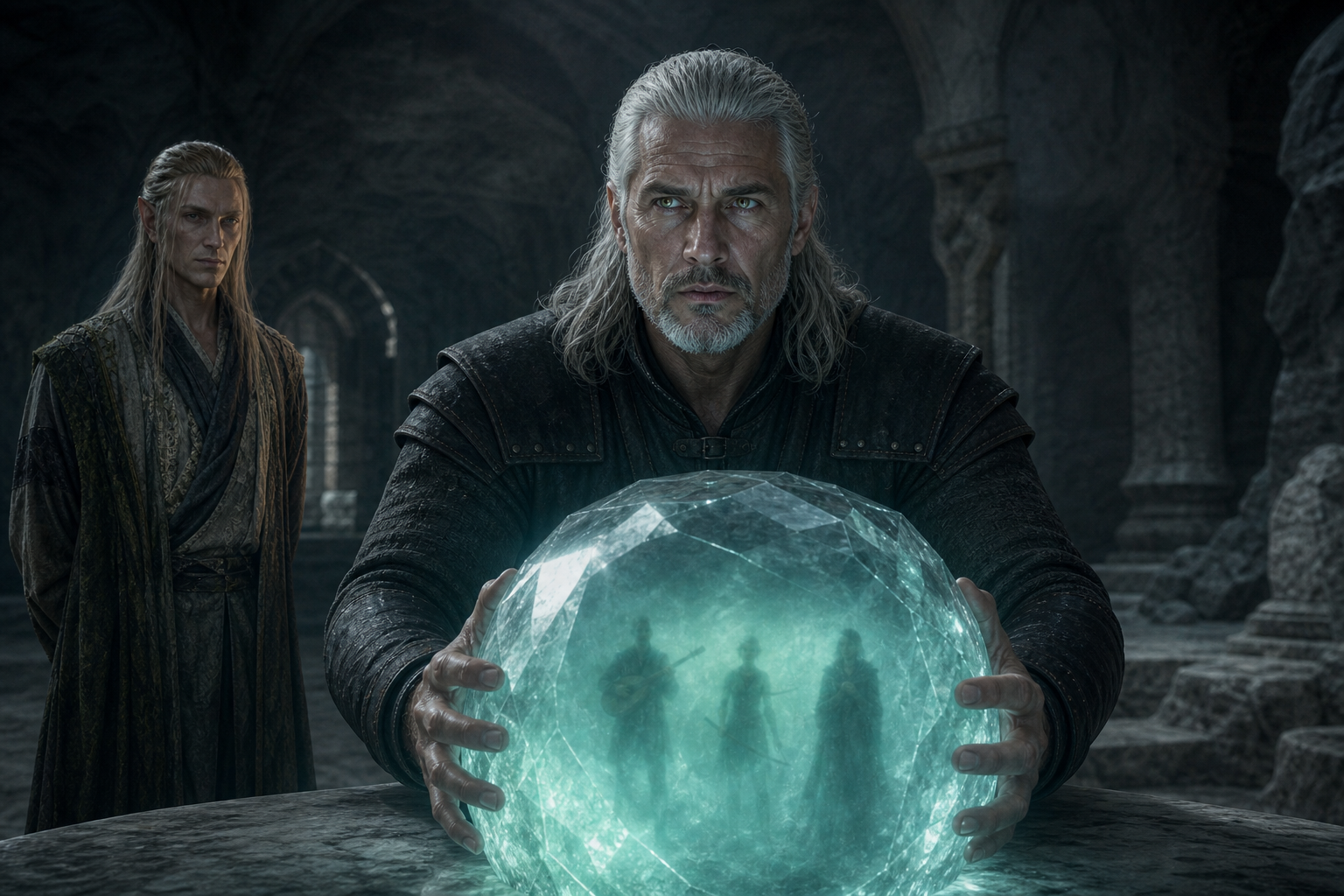 Geralt rozpoznaje zagrożenie przyjaciół w skrzącym krysztale nekropolii.