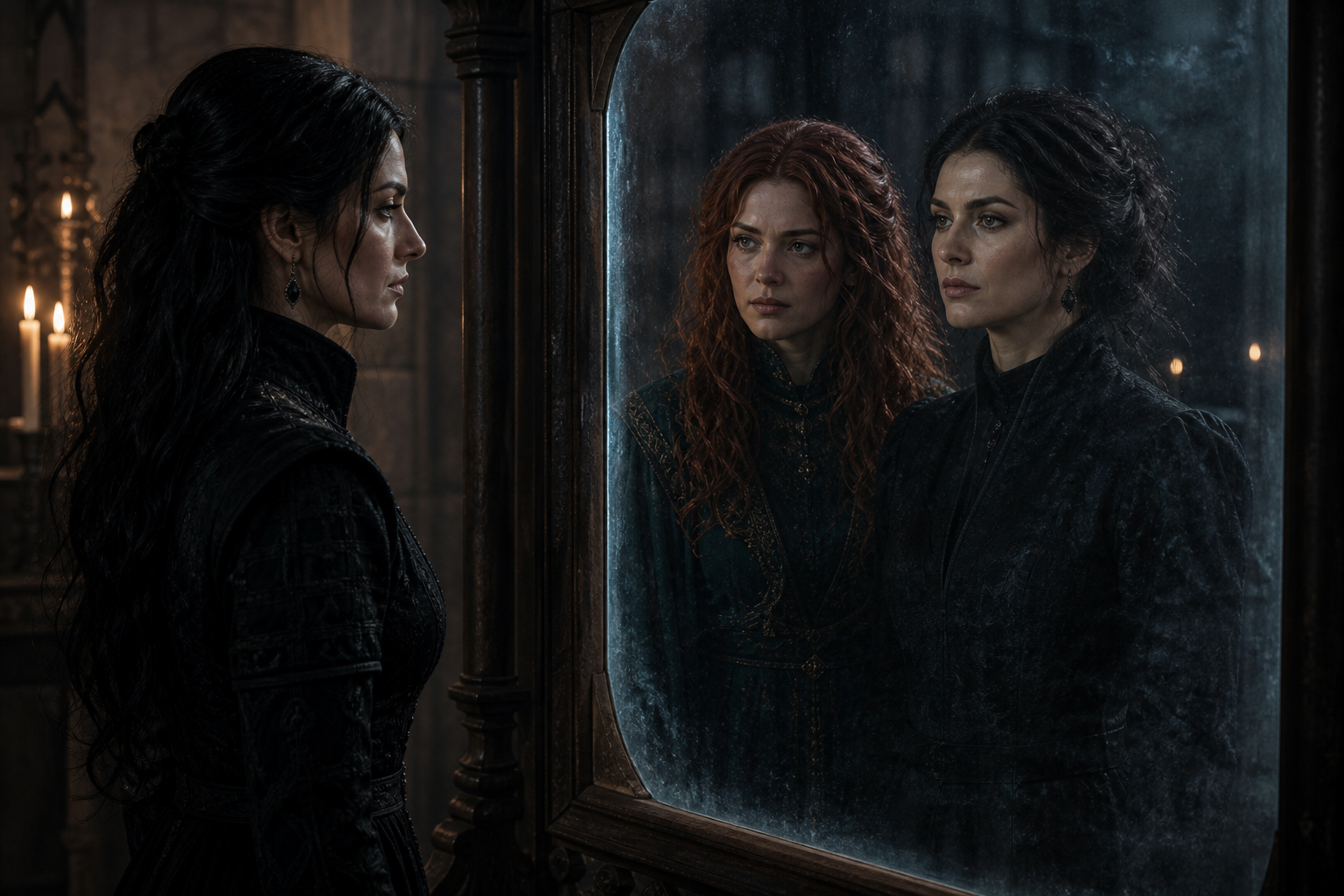 Yennefer patrzy na Triss i Filippę w kryształowym oknie podczas ostatniej rozmowy przez megaskop.