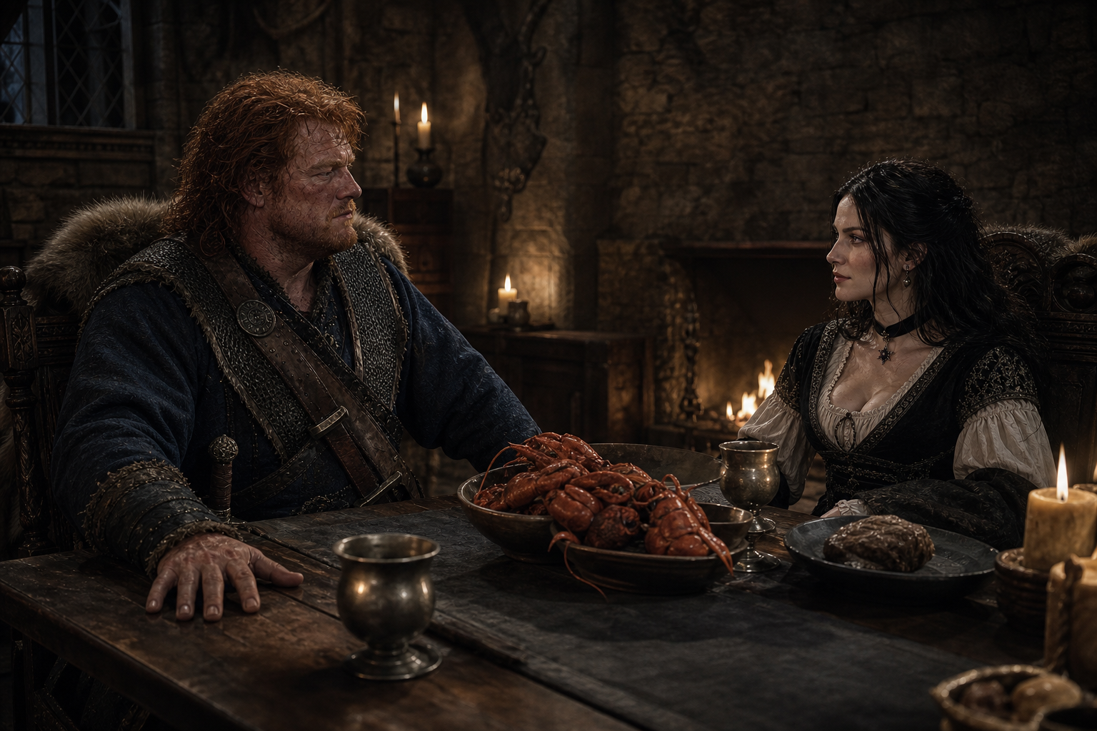 Crach kładzie dłoń na stole i obiecuje Yennefer pomoc podczas kolacji w Kaer Trolde.