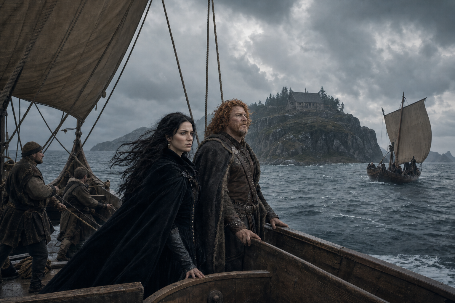 Yennefer i Crach płyną barkasem ku porośniętej gajem wyspie Hindarsfjall.
