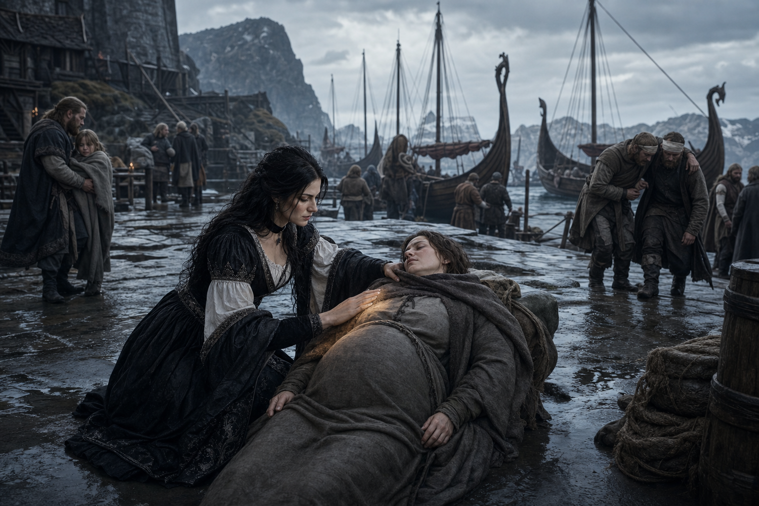 Yennefer klęczy na nabrzeżu Kaer Trolde i pomaga ciężarnej kobiecie pod powracającymi żaglami.