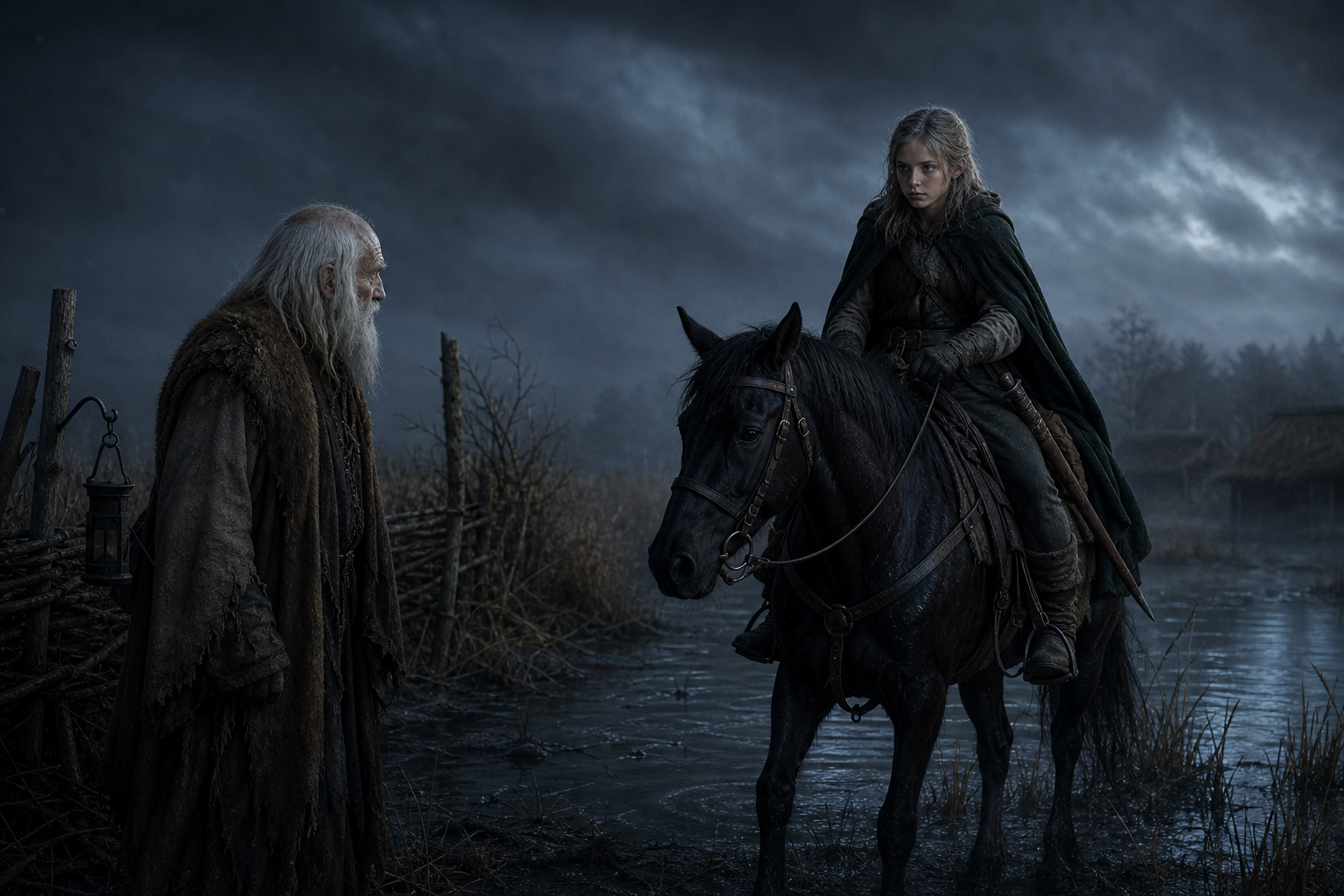 Ciri wraca na Kelpie z nocnych bagien do Vysogoty czekającego przy zgaszonej latarni.
