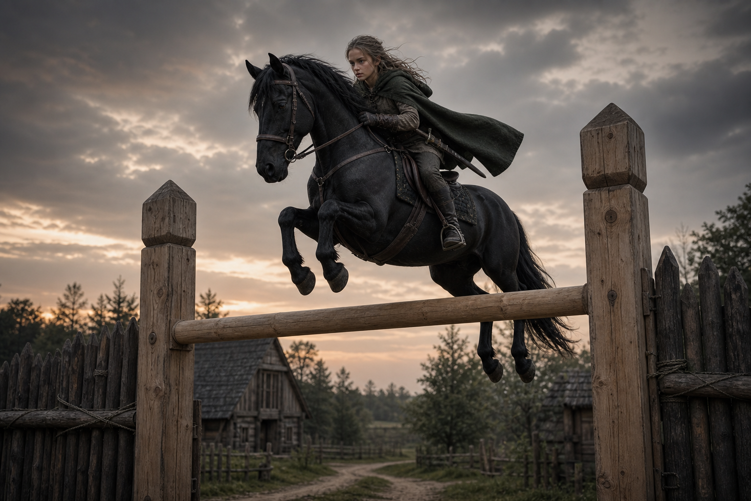 Kelpie niesie ranną Ciri nad wysokim kołowrotem u bramy Goworożca.