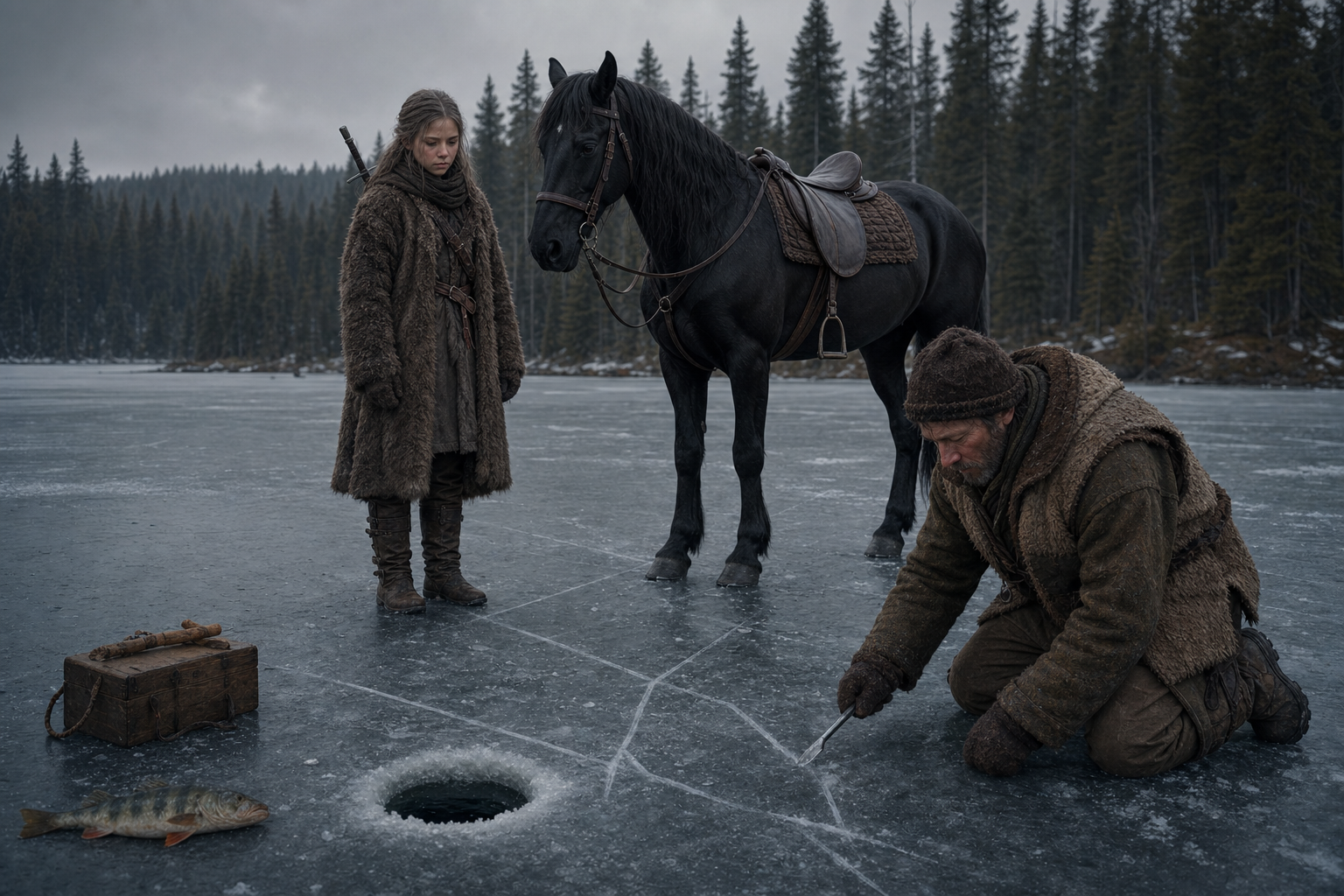Gosta rysuje piesznią drogę na lodzie, a Ciri czeka obok karej Kelpie.