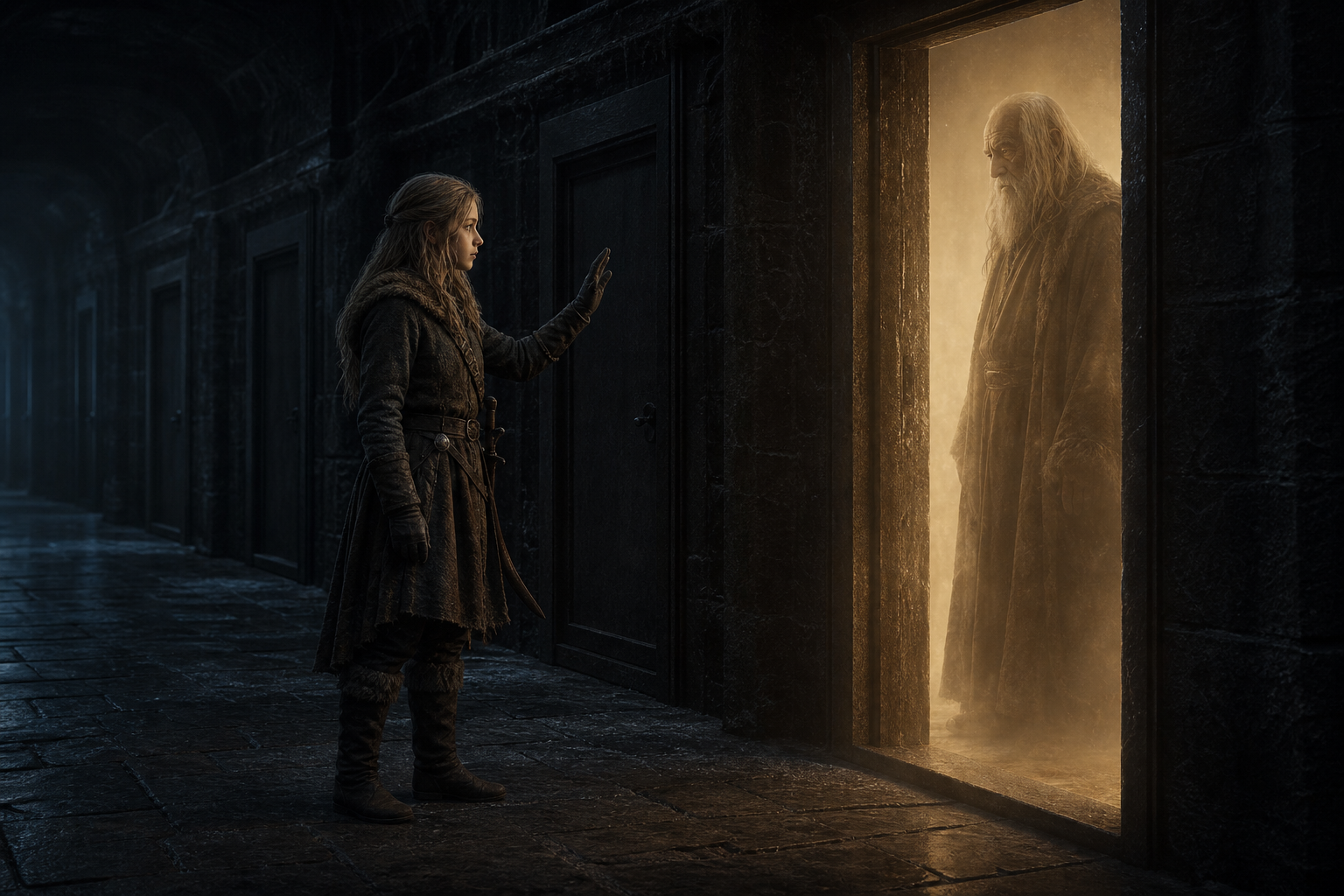 Ciri unosi dłoń ku świetlistej sylwetce Vysogoty za drzwiami Wieży Jaskółki.