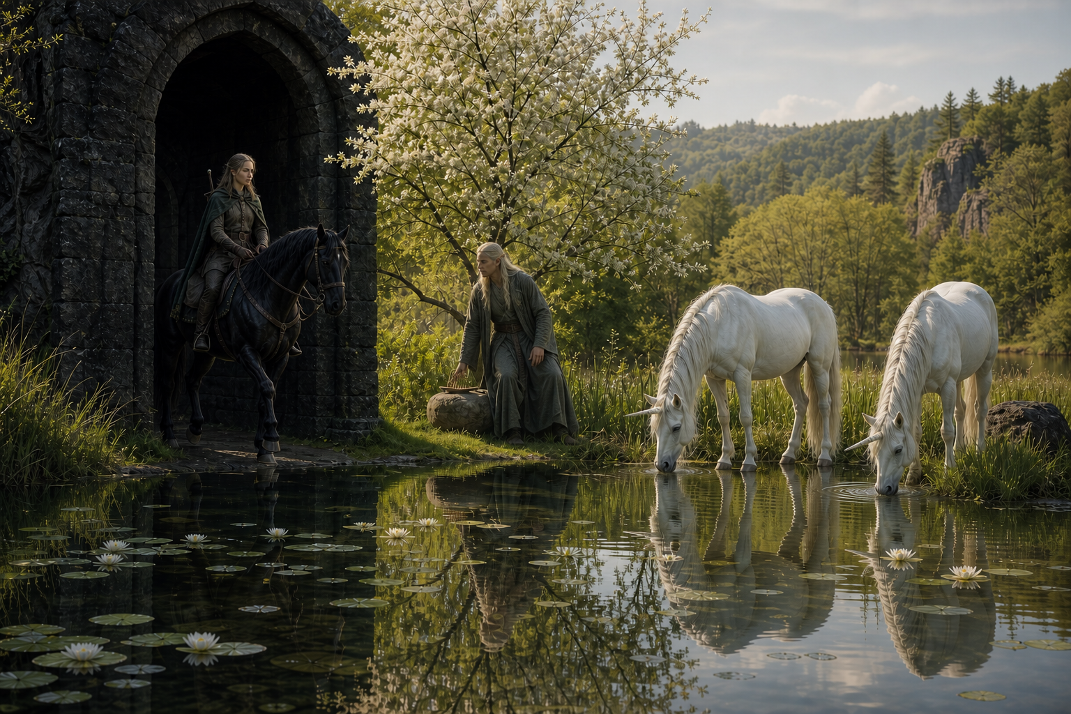 Ciri na Kelpie wyjeżdża ku wiosennemu jezioru, gdzie Avallac'h czeka przy dwóch jednorożcach.