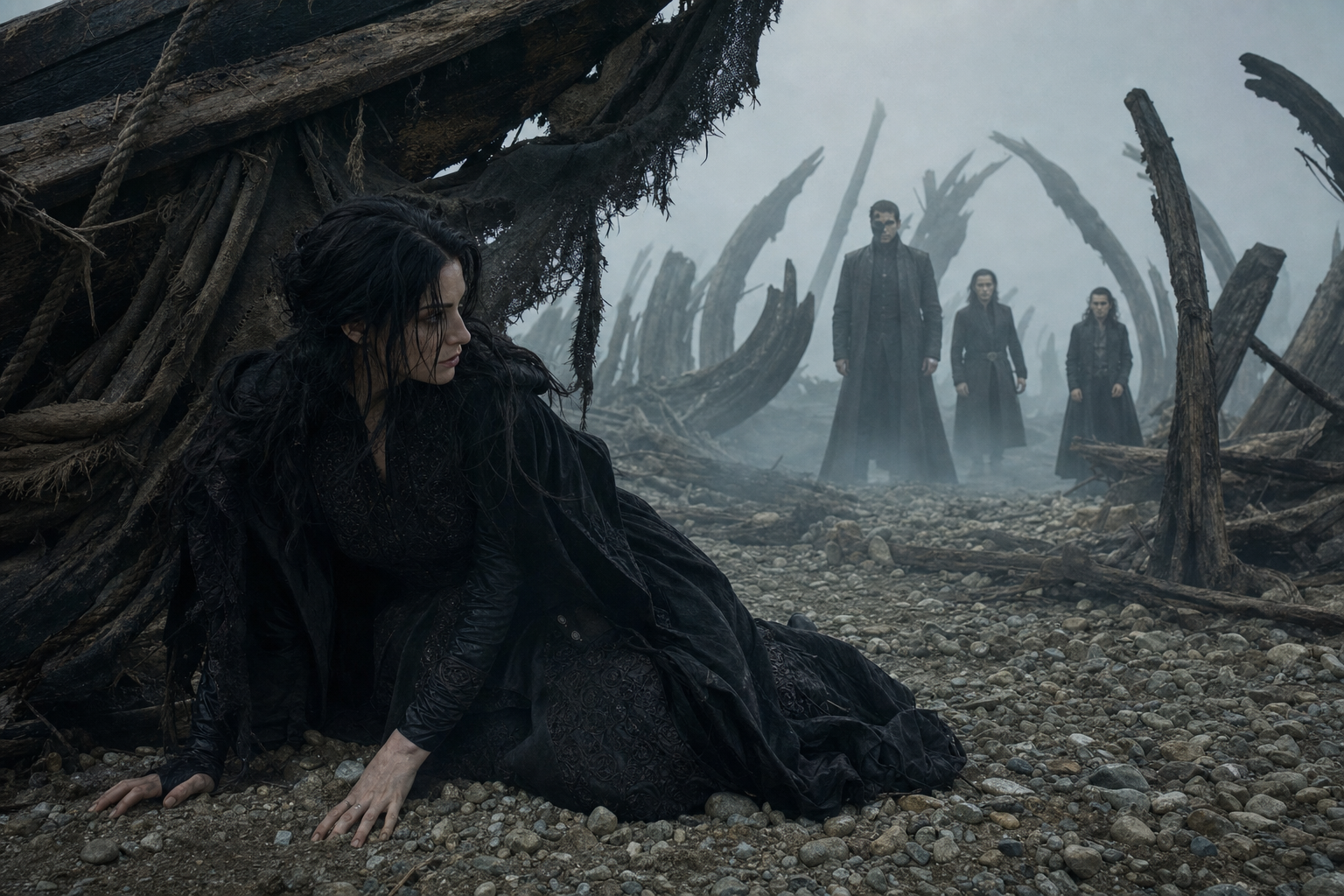 Yennefer odzyskuje przytomność pośród wraków, obserwowana z oddali przez Vilgefortza i jego ludzi.