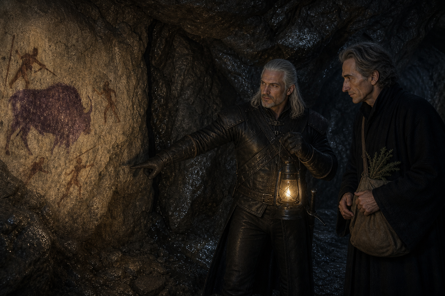 Geralt i Regis oglądają fałszywy fresk Avallac'ha przy zamkniętej szczelinie pod Gorgoną.