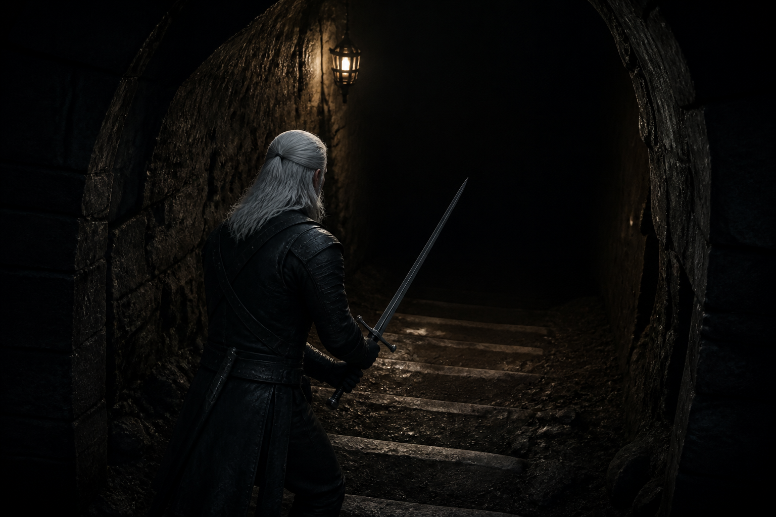 Geralt z dobytym mieczem schodzi w śnie Condwiramurs do czarnych lochów.