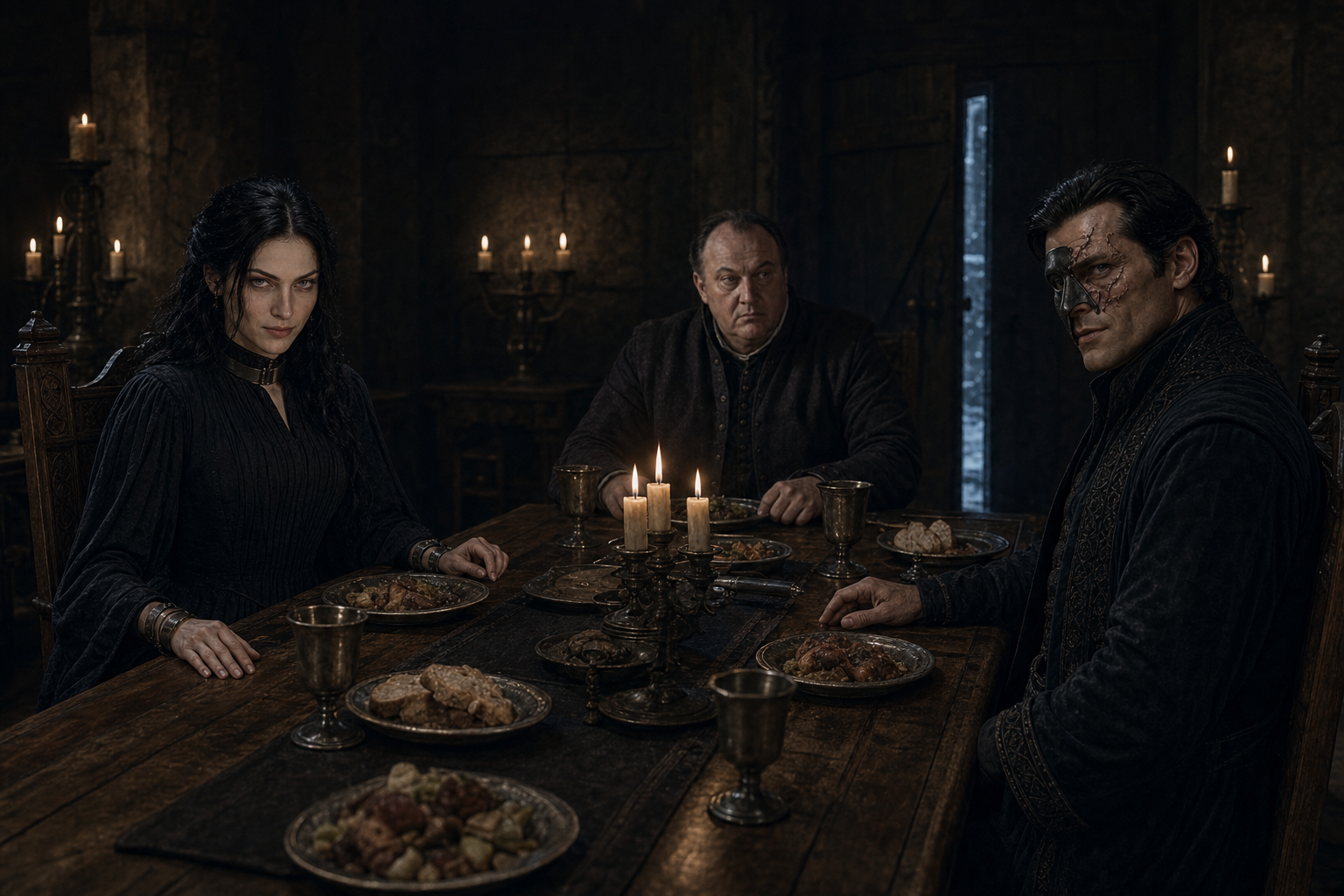 Yennefer odpiera słowa Vilgefortza podczas zimowej wieczerzy obserwowanej przez Stefana Skellena.