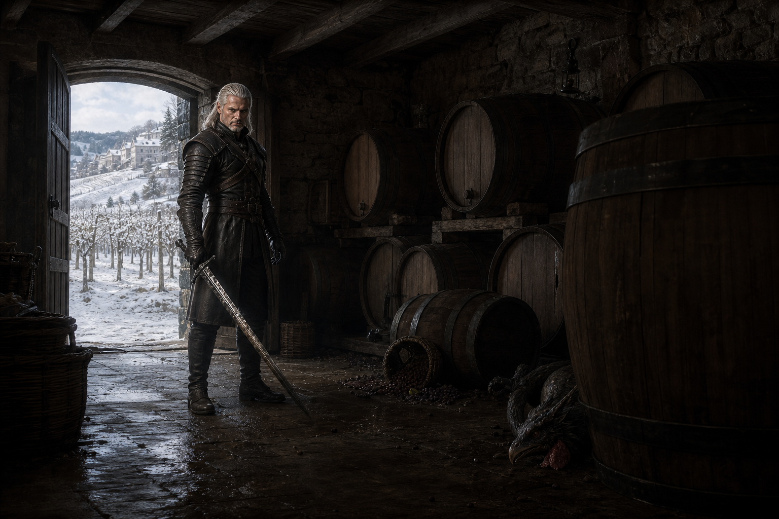 Geralt ocenia pokonanego kuroliszka w piwnicy pod ośnieżoną winnicą Toussaint.